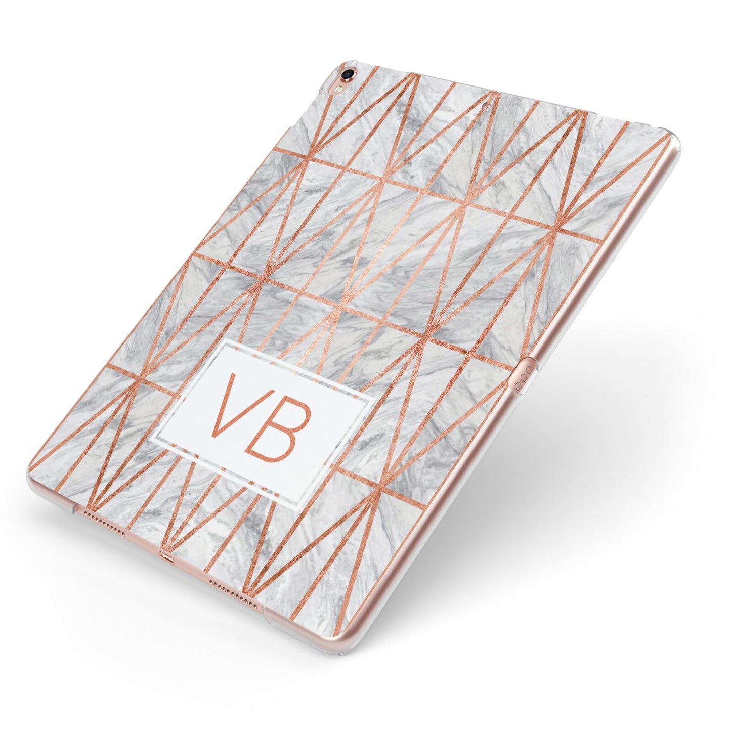 Personalised Triangular Marble Initials Apple iPad Case on Rose Gold iPad Side View