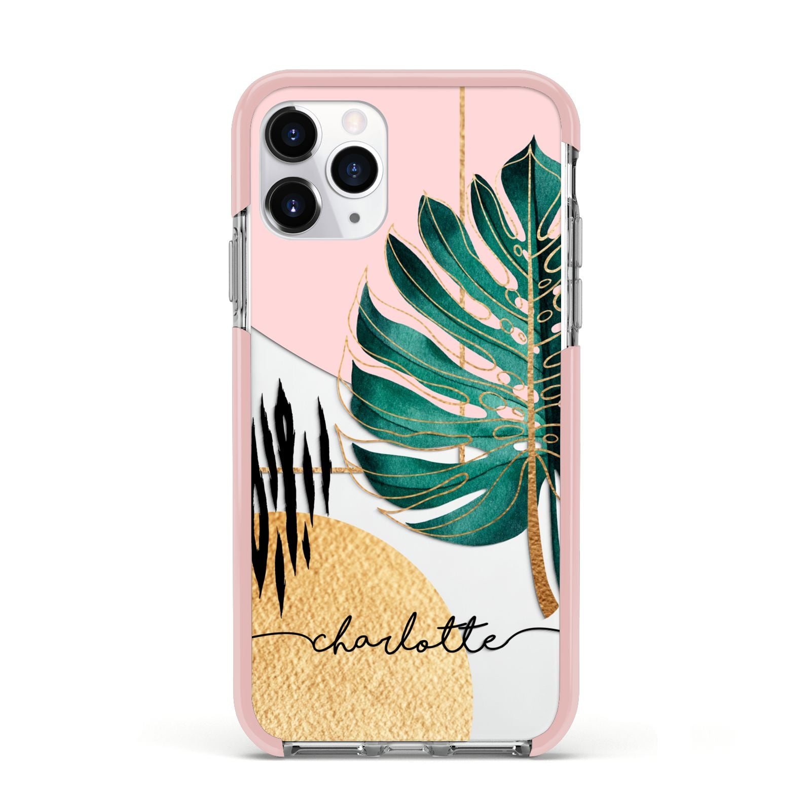 Personalised Tropical Fan Leaf Apple iPhone 11 Pro in Silver with Pink Impact Case