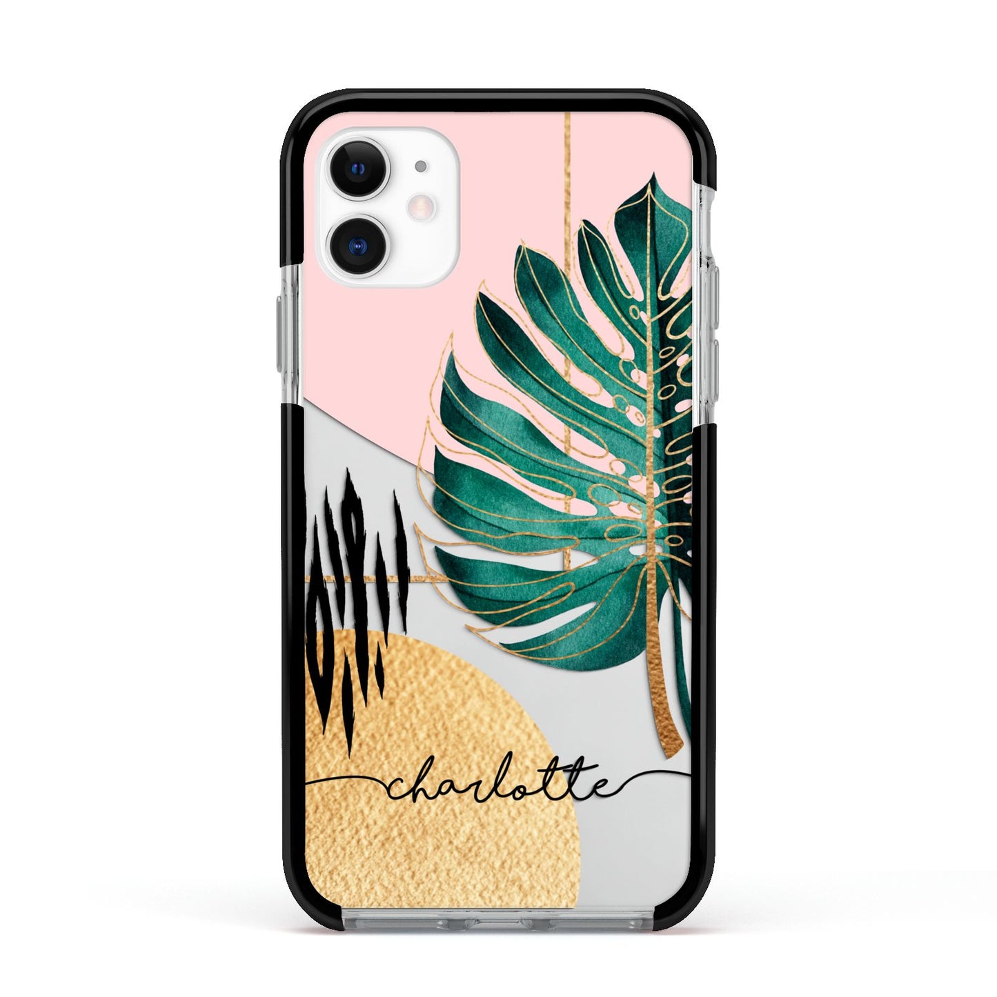 Personalised Tropical Fan Leaf Apple iPhone 11 in White with Black Impact Case