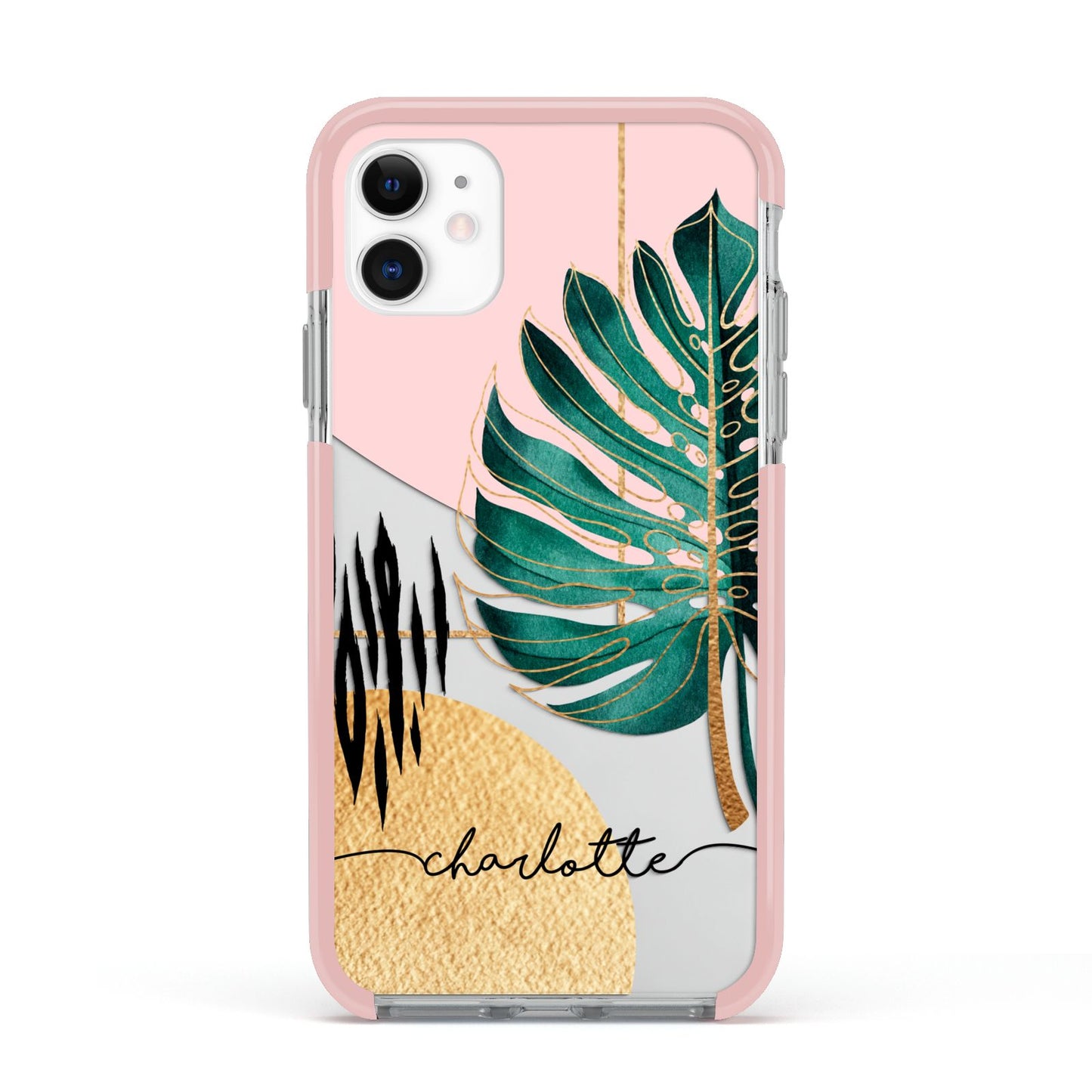 Personalised Tropical Fan Leaf Apple iPhone 11 in White with Pink Impact Case