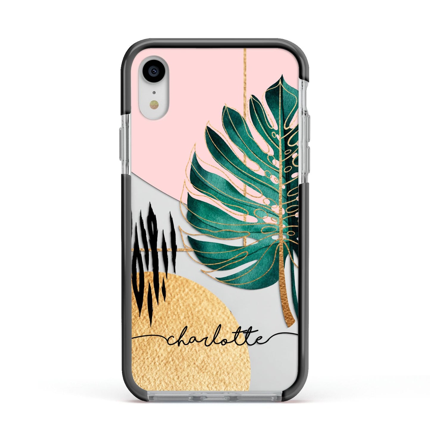 Personalised Tropical Fan Leaf Apple iPhone XR Impact Case Black Edge on Silver Phone