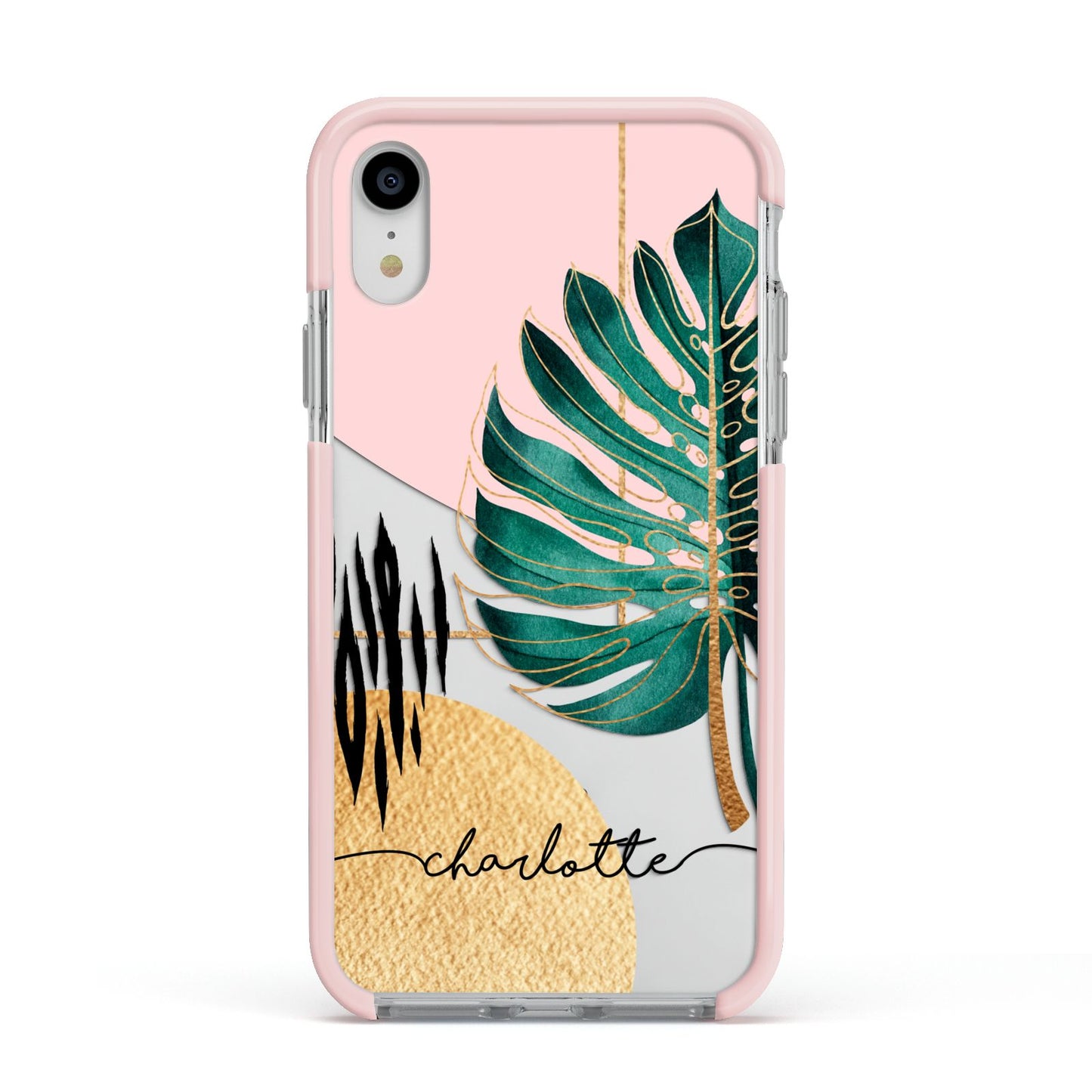 Personalised Tropical Fan Leaf Apple iPhone XR Impact Case Pink Edge on Silver Phone