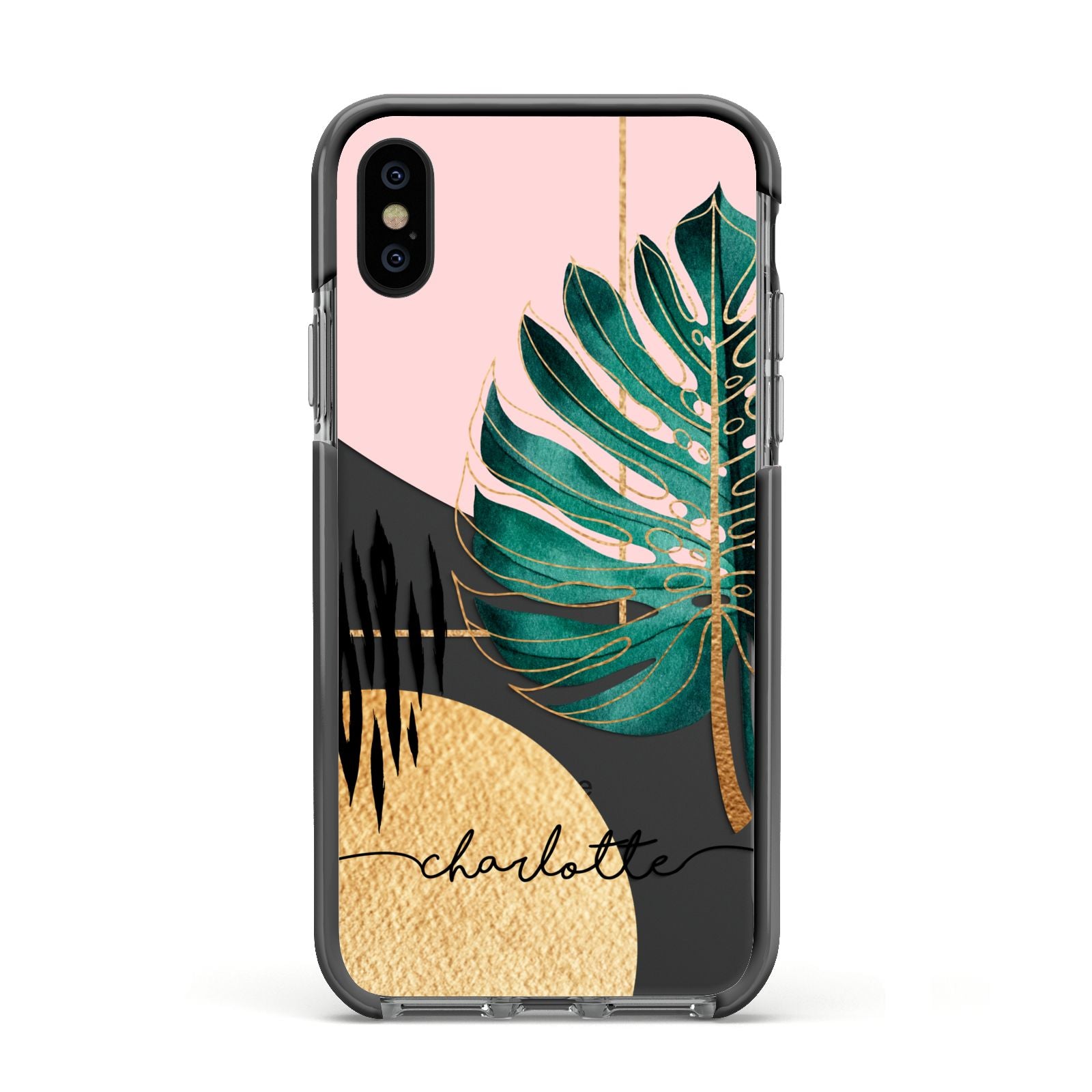 Personalised Tropical Fan Leaf Apple iPhone Xs Impact Case Black Edge on Black Phone