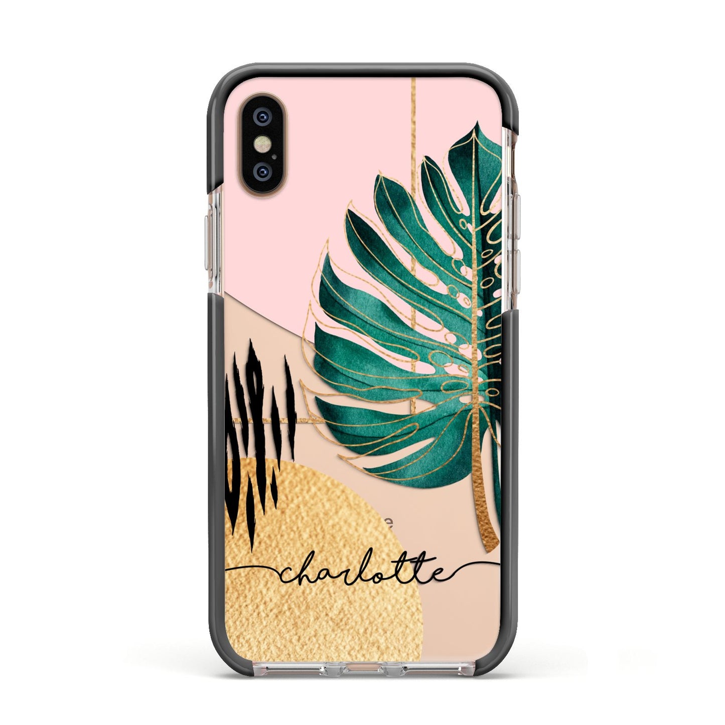 Personalised Tropical Fan Leaf Apple iPhone Xs Impact Case Black Edge on Gold Phone