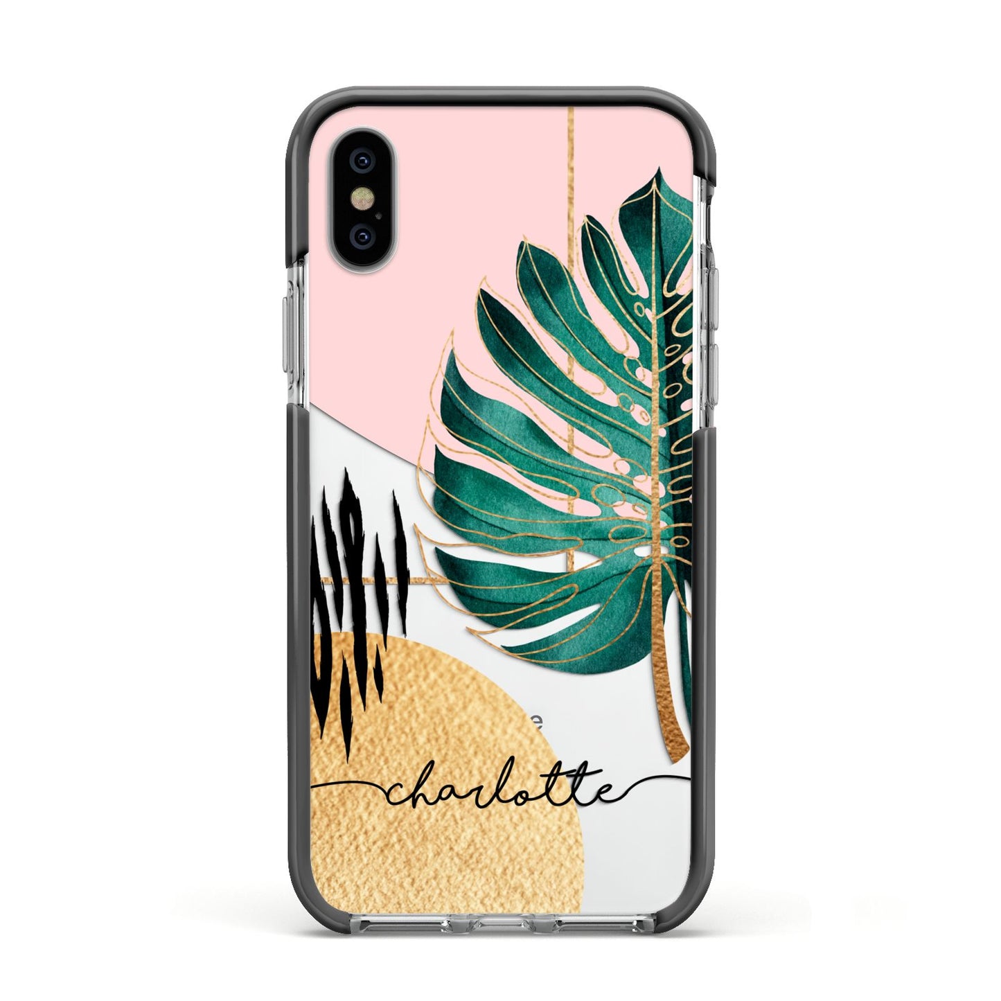 Personalised Tropical Fan Leaf Apple iPhone Xs Impact Case Black Edge on Silver Phone