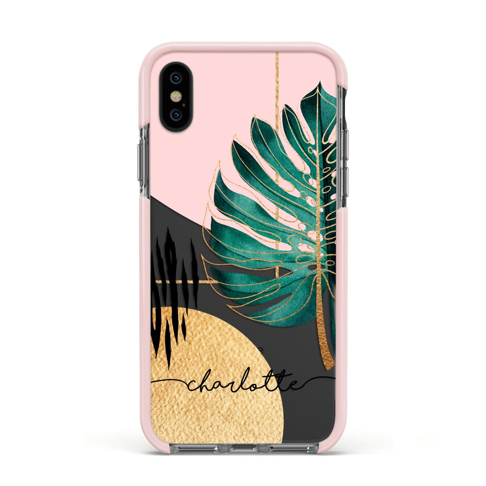 Personalised Tropical Fan Leaf Apple iPhone Xs Impact Case Pink Edge on Black Phone