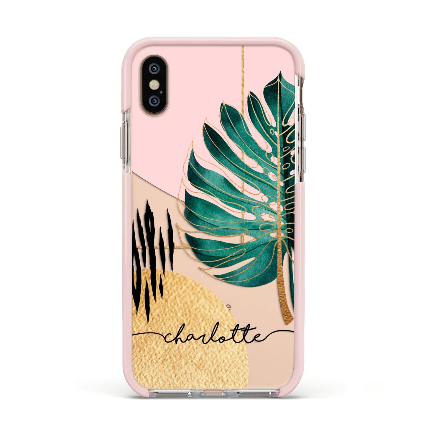 Personalised Tropical Fan Leaf Apple iPhone Xs Impact Case Pink Edge on Gold Phone