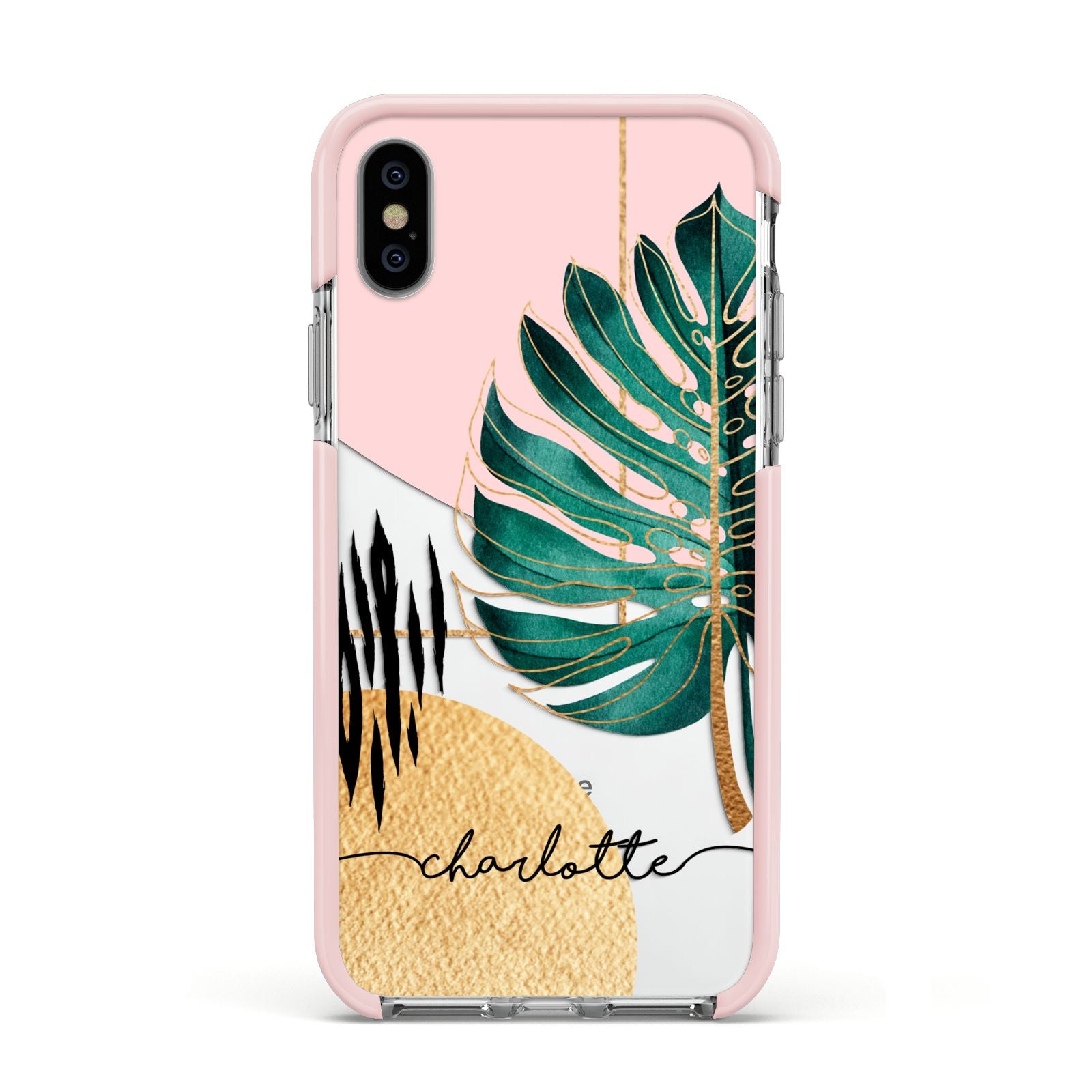 Personalised Tropical Fan Leaf Apple iPhone Xs Impact Case Pink Edge on Silver Phone