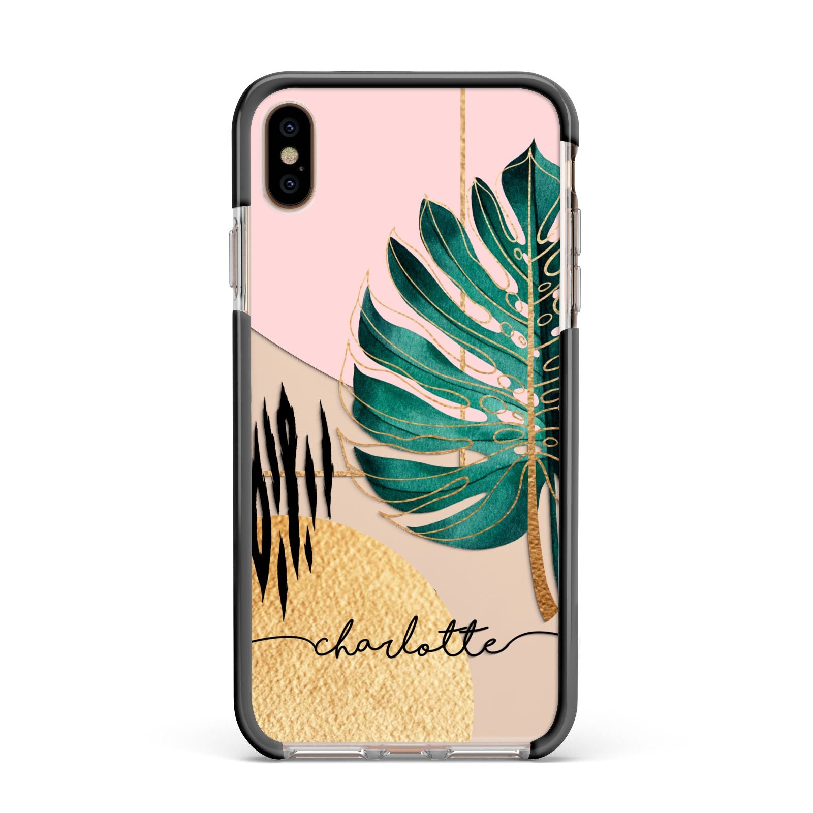 Personalised Tropical Fan Leaf Apple iPhone Xs Max Impact Case Black Edge on Gold Phone