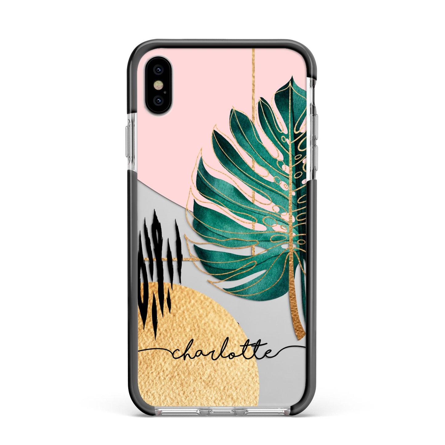 Personalised Tropical Fan Leaf Apple iPhone Xs Max Impact Case Black Edge on Silver Phone