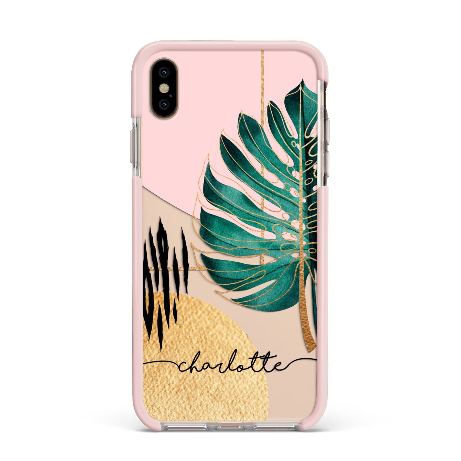 Personalised Tropical Fan Leaf Apple iPhone Xs Max Impact Case Pink Edge on Gold Phone