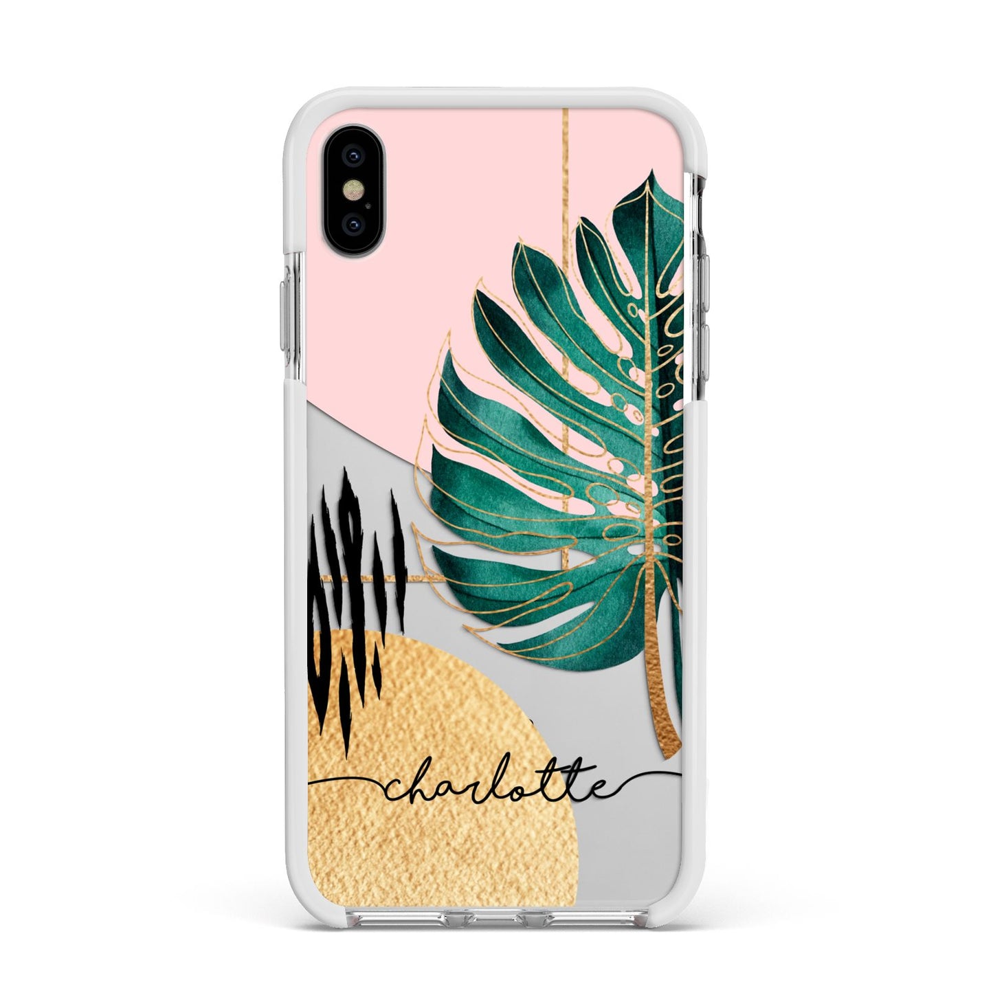 Personalised Tropical Fan Leaf Apple iPhone Xs Max Impact Case White Edge on Silver Phone