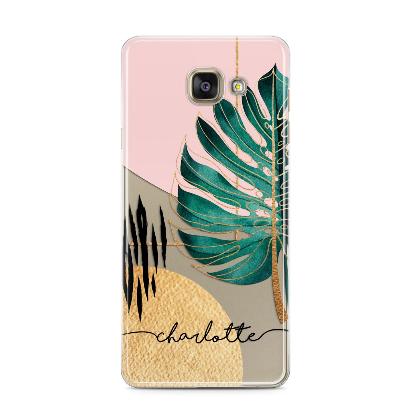 Personalised Tropical Fan Leaf Samsung Galaxy A3 2016 Case on gold phone