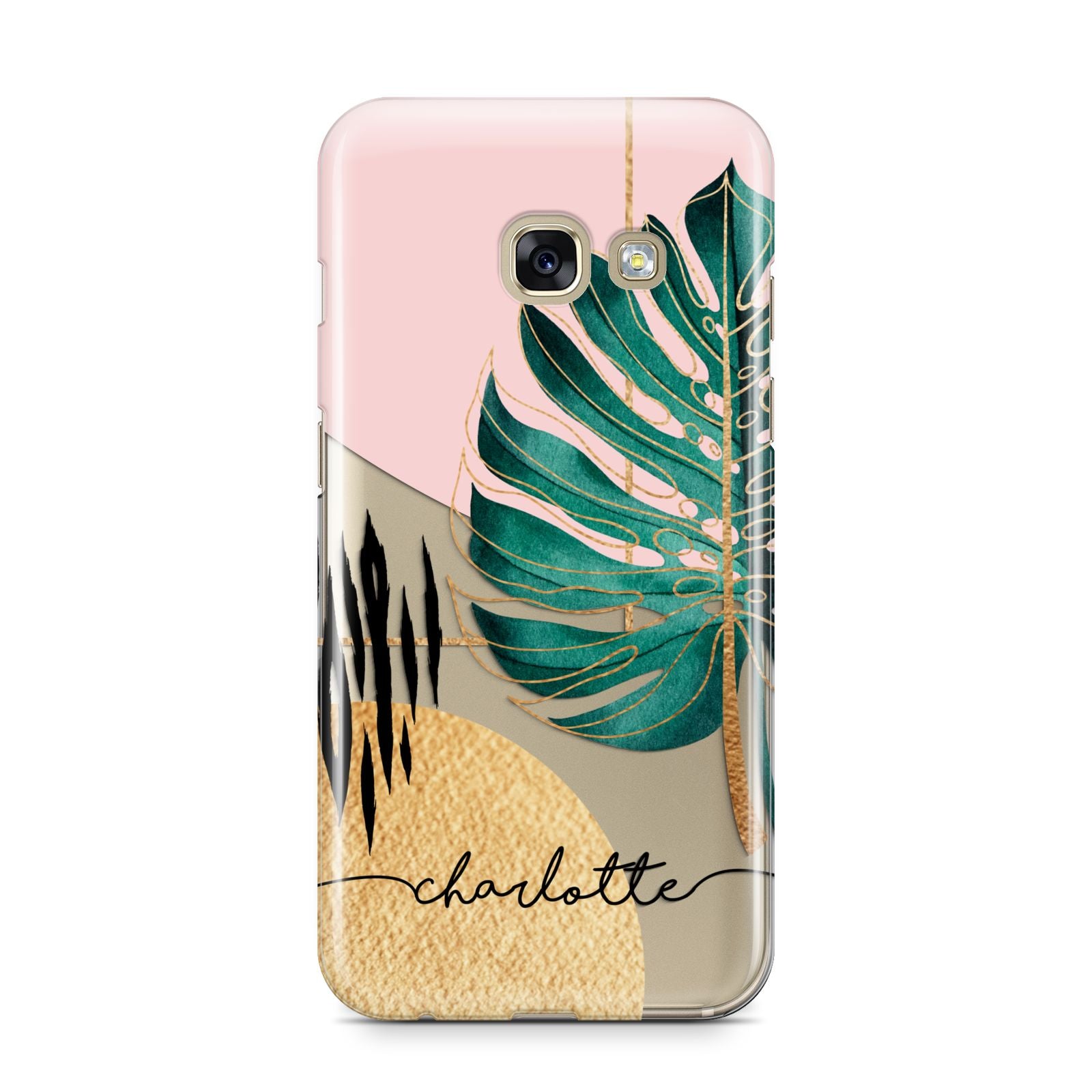 Personalised Tropical Fan Leaf Samsung Galaxy A3 2017 Case on gold phone