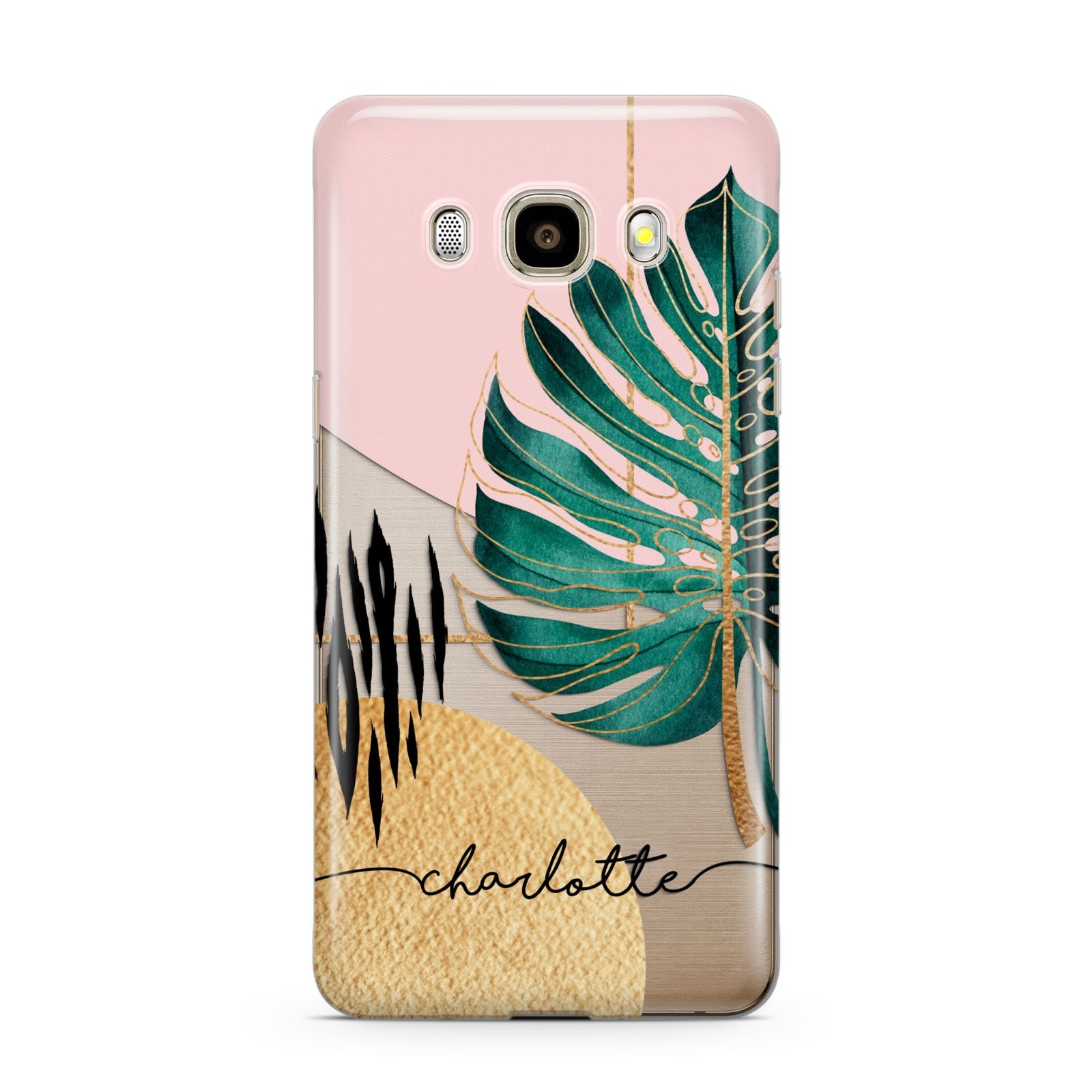 Personalised Tropical Fan Leaf Samsung Galaxy J7 2016 Case on gold phone