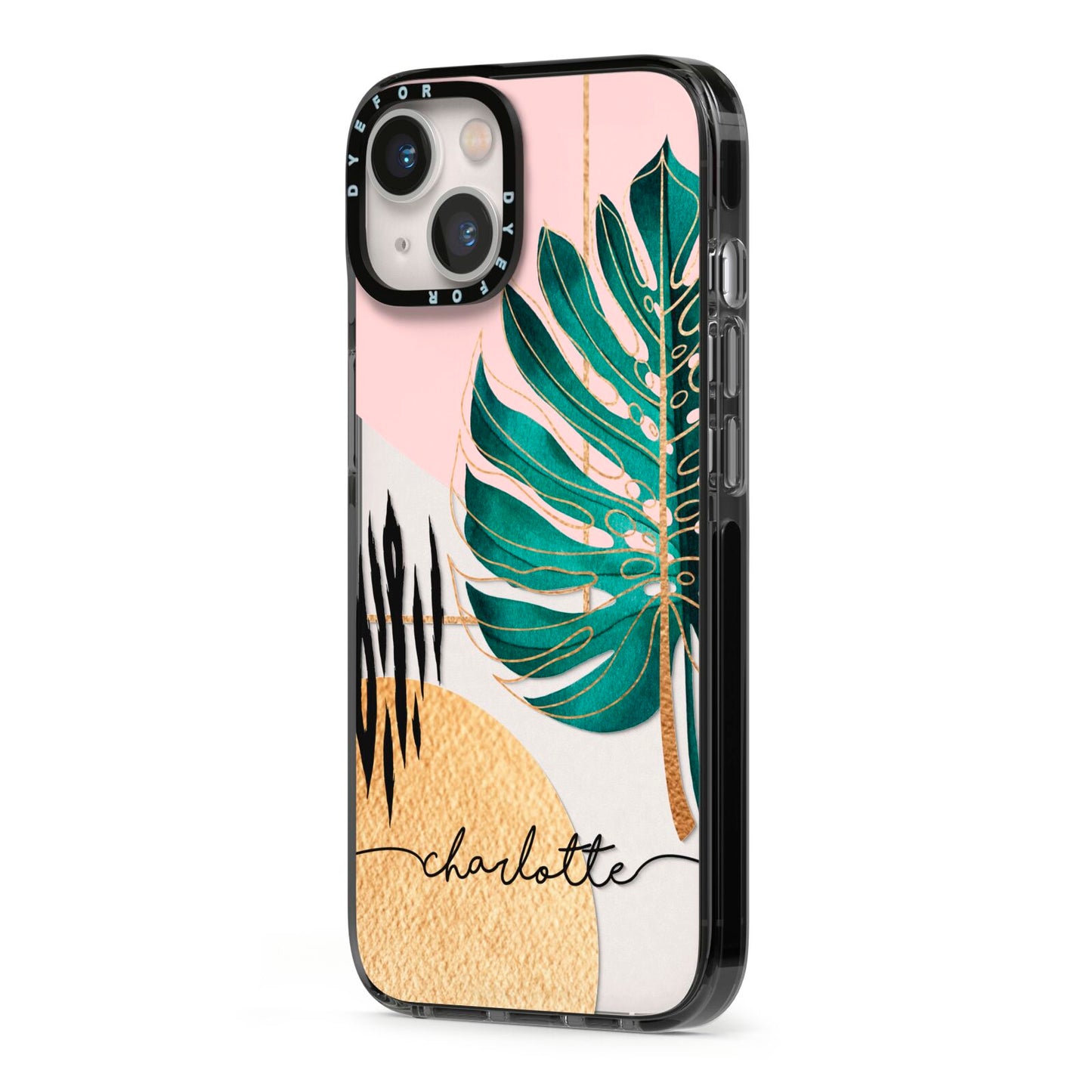 Personalised Tropical Fan Leaf iPhone 13 Black Impact Case Side Angle on Silver phone