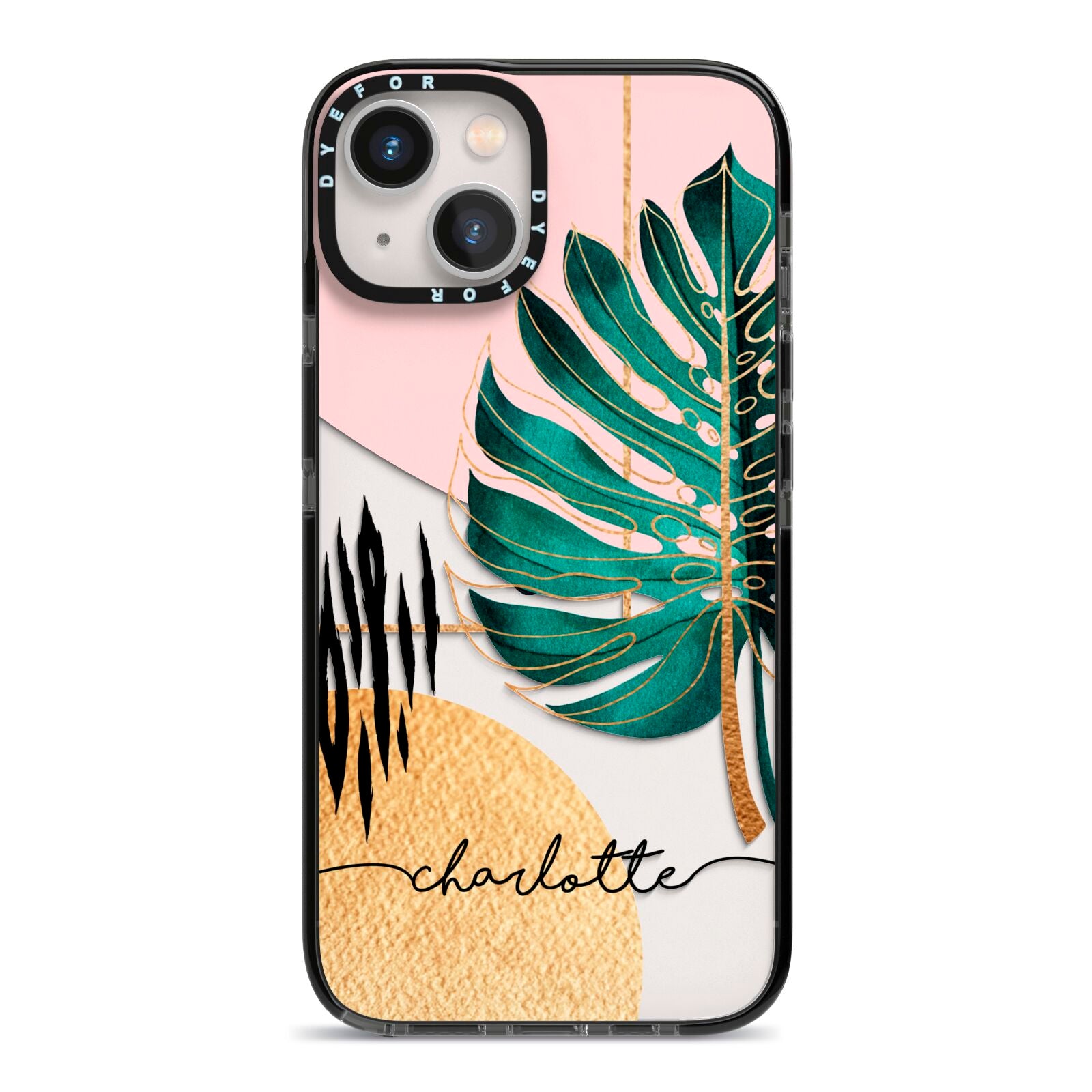 Personalised Tropical Fan Leaf iPhone 13 Black Impact Case on Silver phone