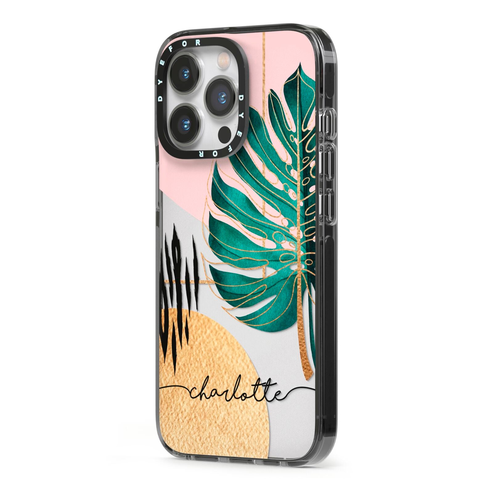 Personalised Tropical Fan Leaf iPhone 13 Pro Black Impact Case Side Angle on Silver phone