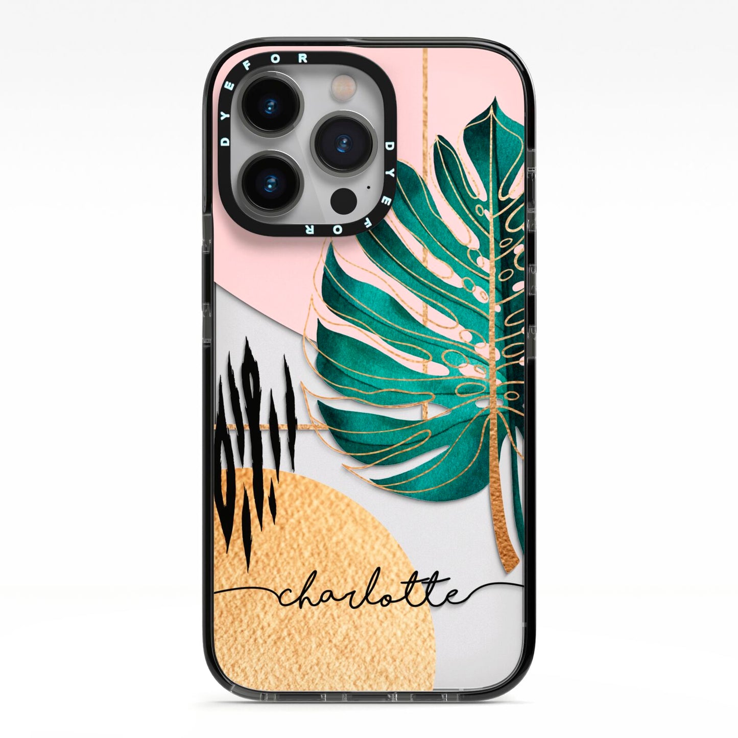 Personalised Tropical Fan Leaf iPhone 13 Pro Black Impact Case on Silver phone