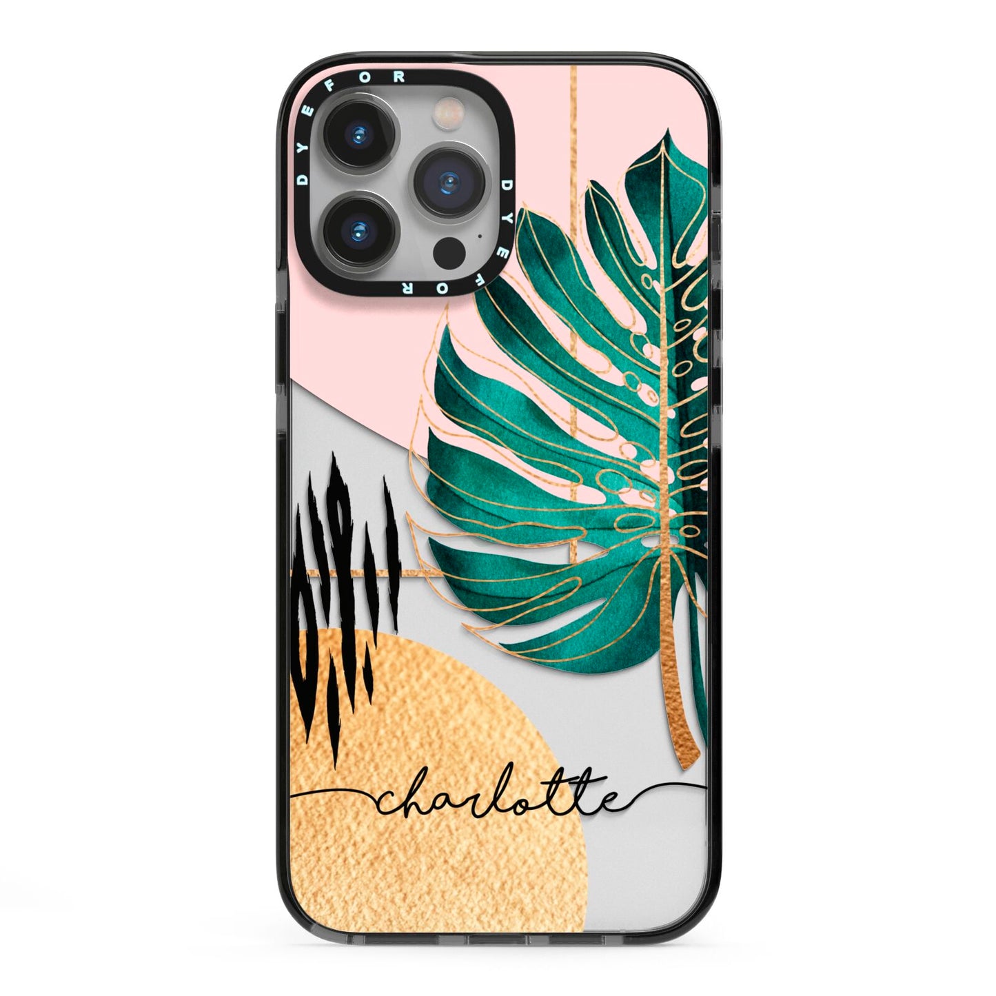 Personalised Tropical Fan Leaf iPhone 13 Pro Max Black Impact Case on Silver phone