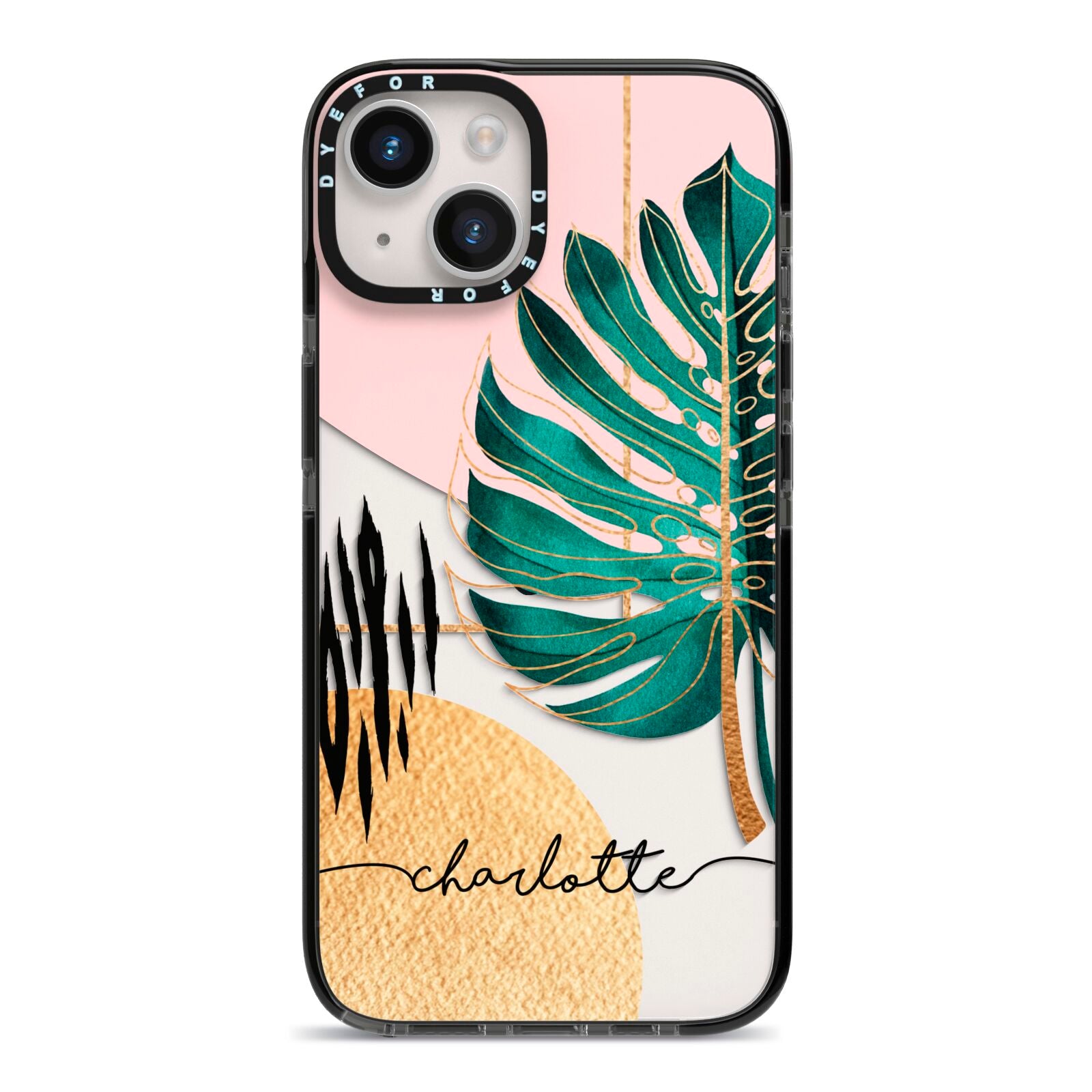 Personalised Tropical Fan Leaf iPhone 14 Black Impact Case on Silver phone