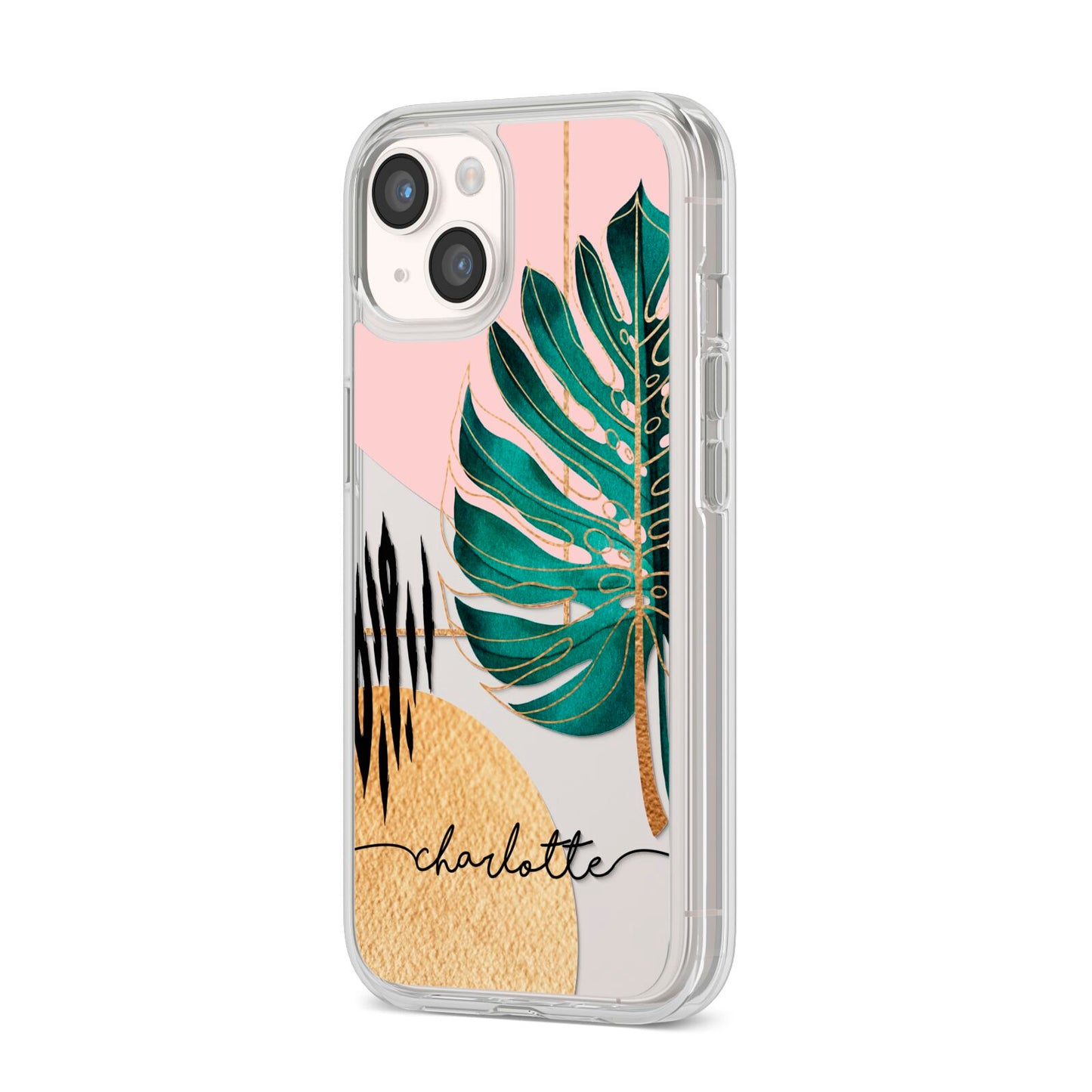 Personalised Tropical Fan Leaf iPhone 14 Clear Tough Case Starlight Angled Image