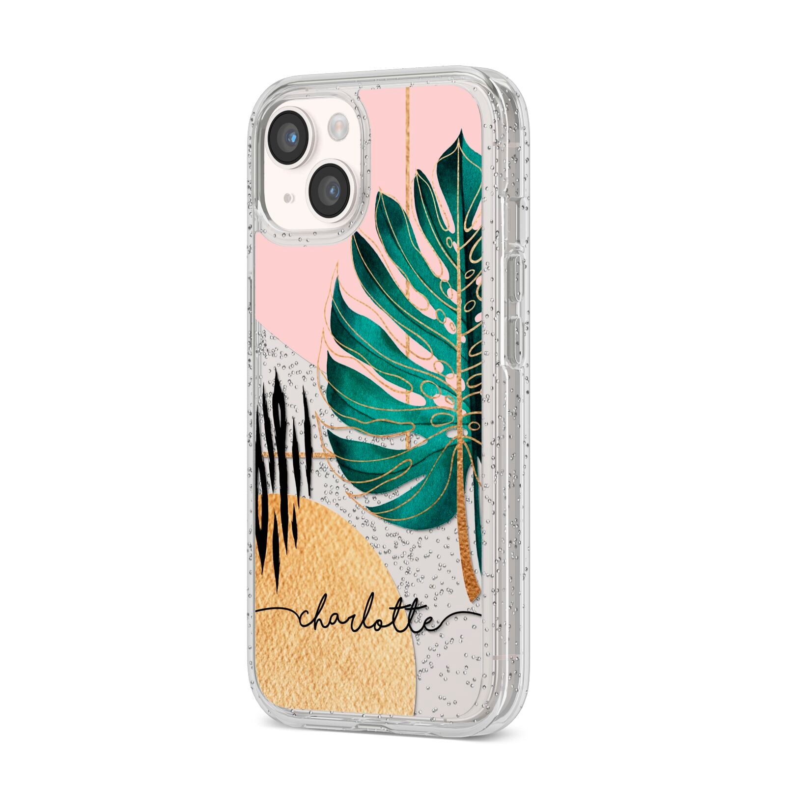 Personalised Tropical Fan Leaf iPhone 14 Glitter Tough Case Starlight Angled Image