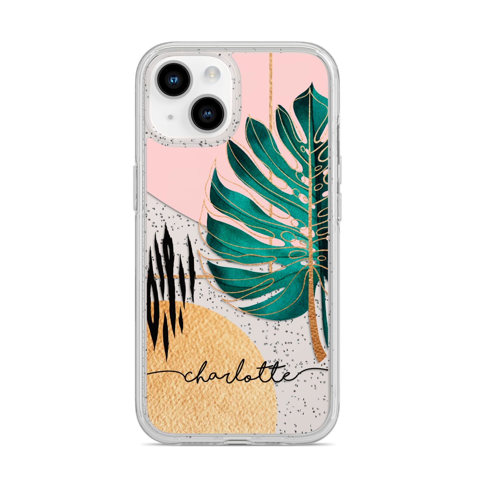 Personalised Tropical Fan Leaf iPhone 14 Glitter Tough Case Starlight