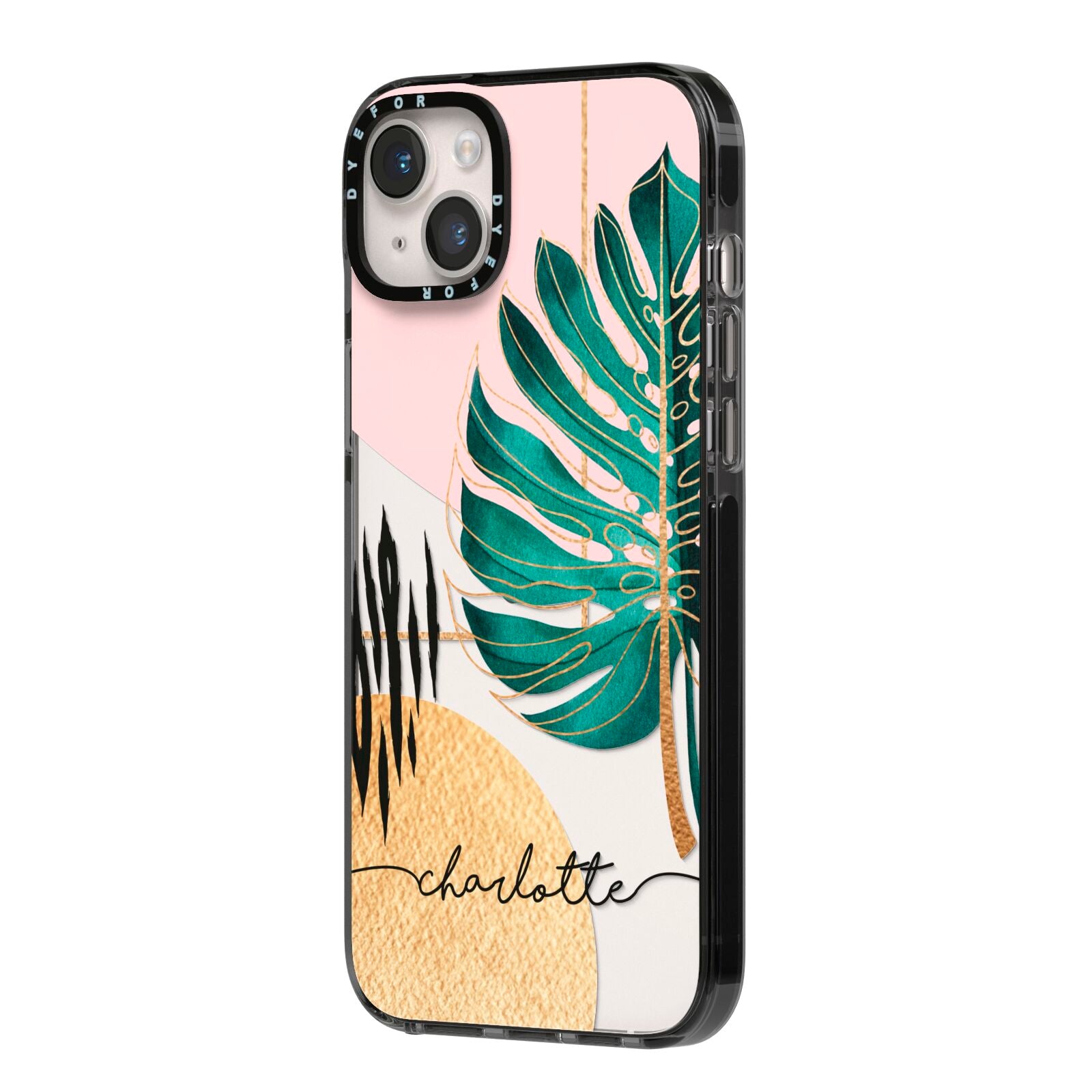 Personalised Tropical Fan Leaf iPhone 14 Plus Black Impact Case Side Angle on Silver phone