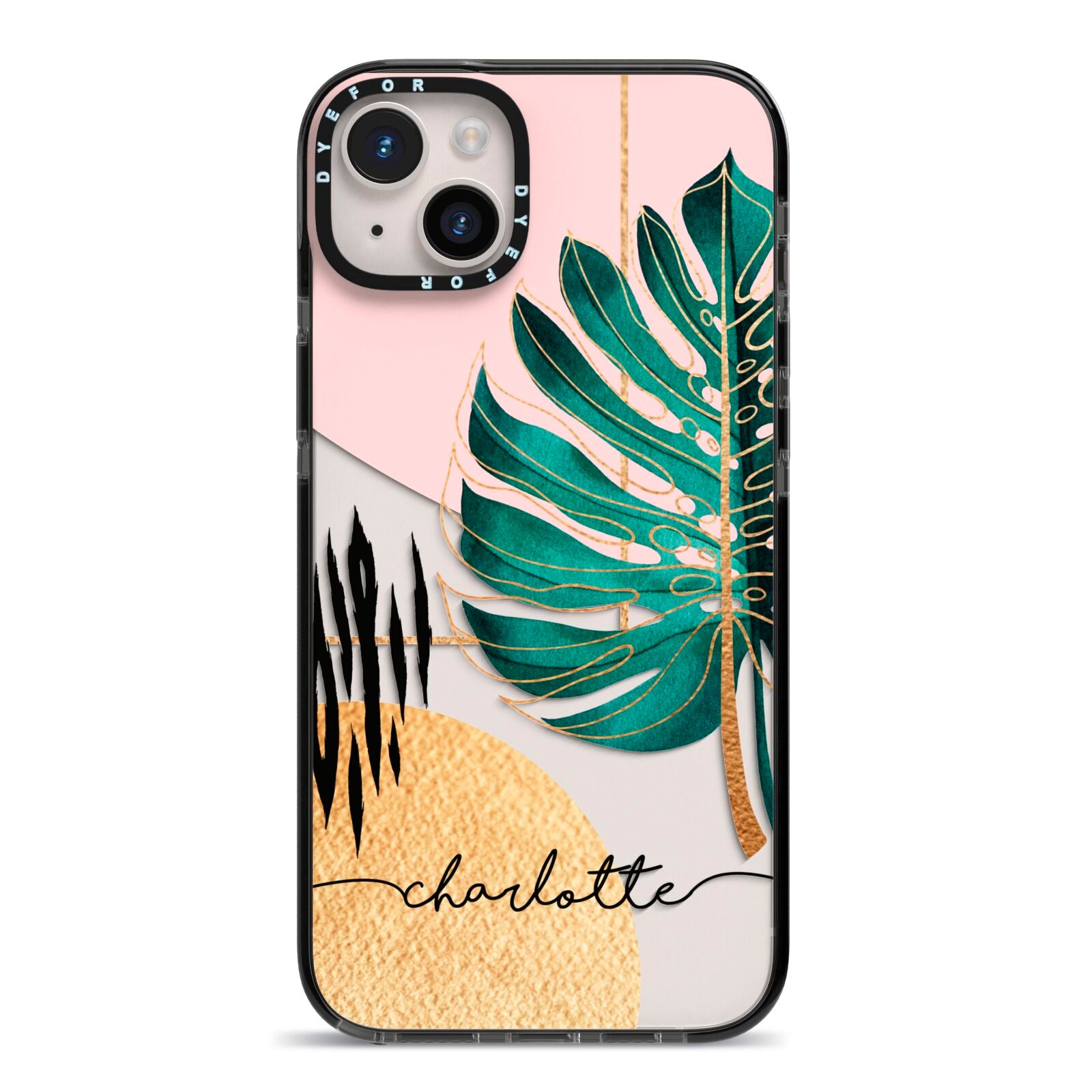 Personalised Tropical Fan Leaf iPhone 14 Plus Black Impact Case on Silver phone