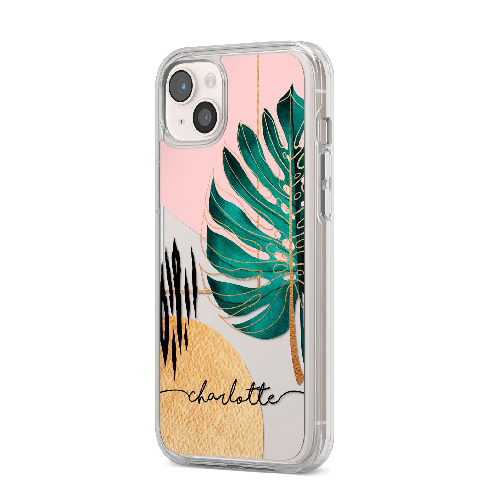 Personalised Tropical Fan Leaf iPhone 14 Plus Clear Tough Case Starlight Angled Image