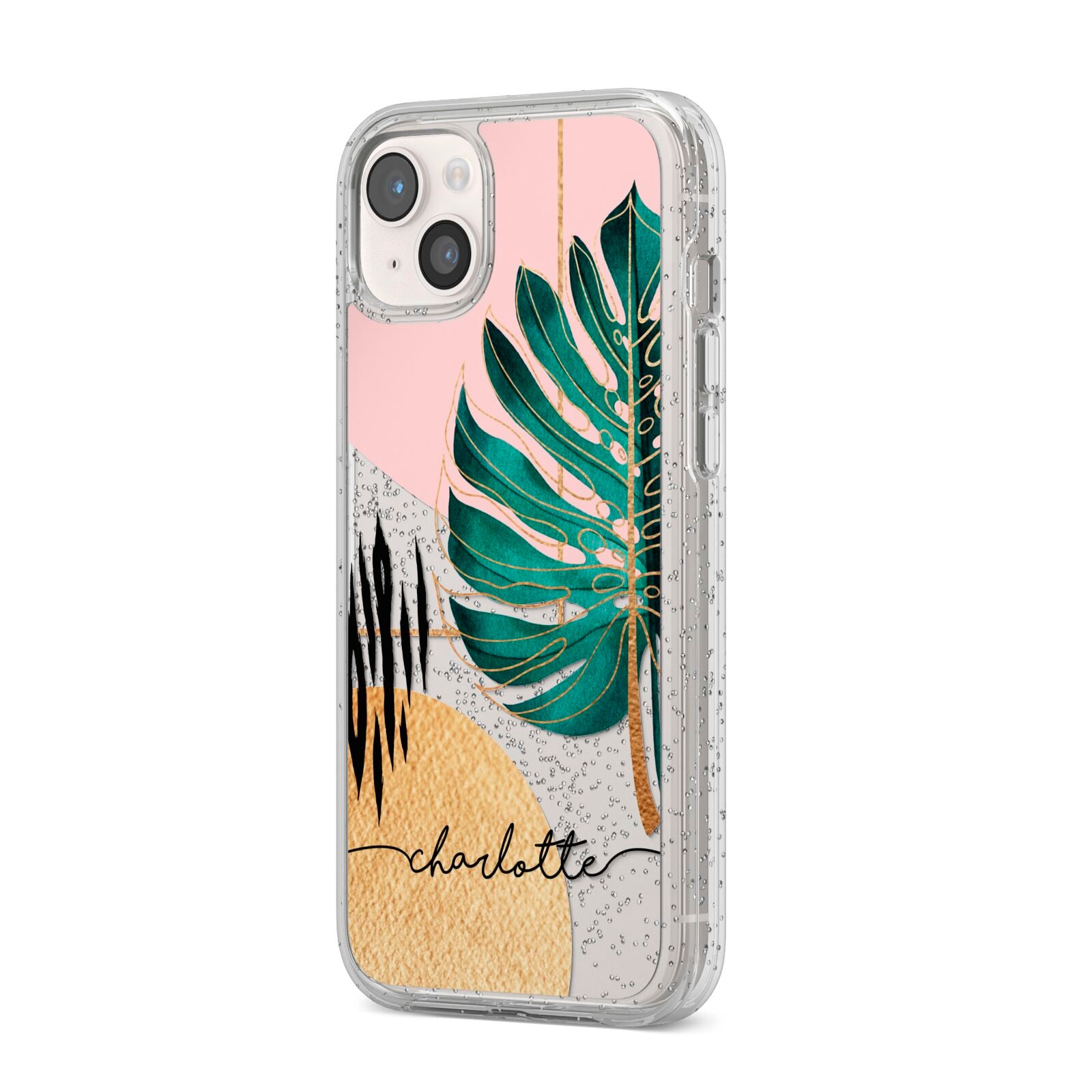 Personalised Tropical Fan Leaf iPhone 14 Plus Glitter Tough Case Starlight Angled Image