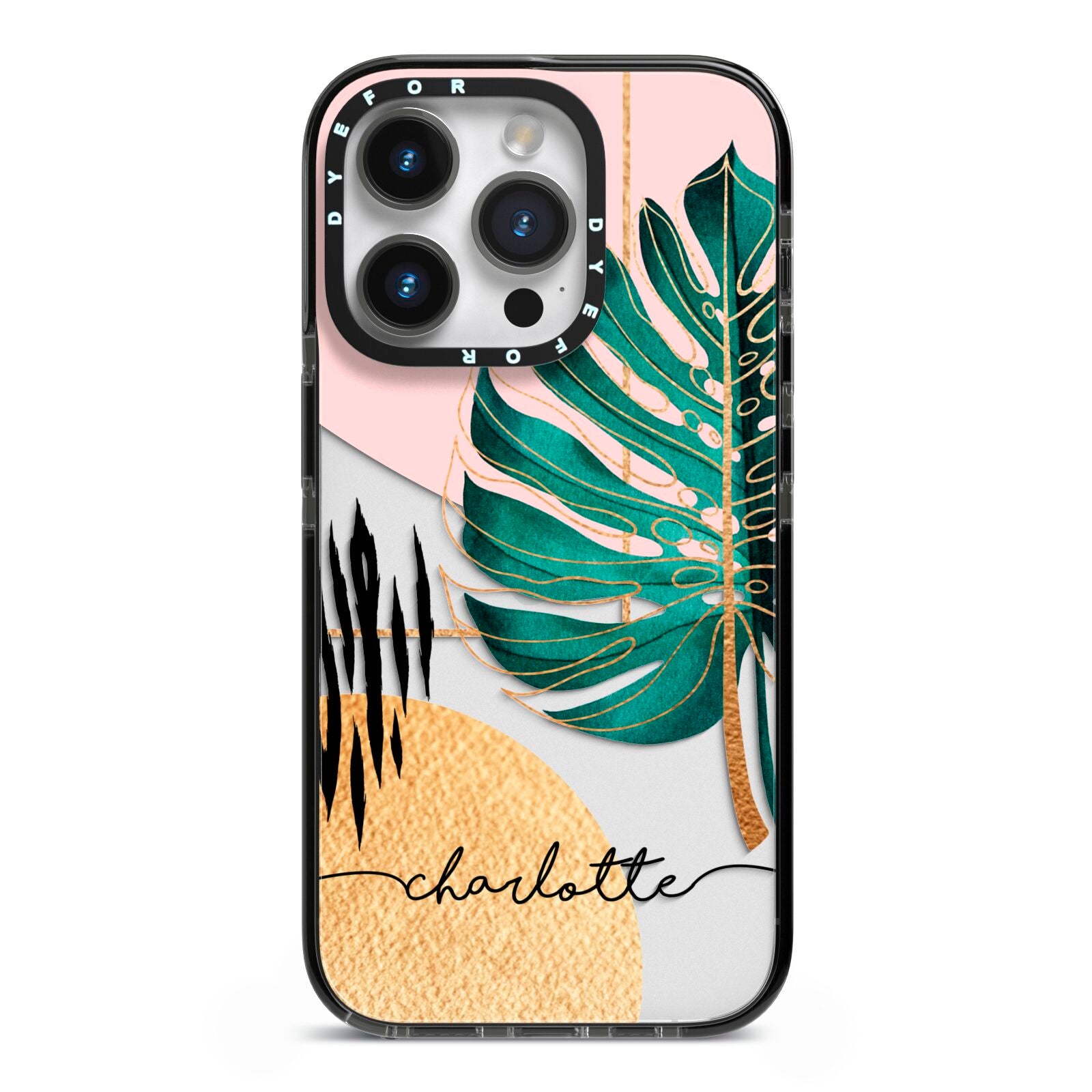 Personalised Tropical Fan Leaf iPhone 14 Pro Black Impact Case on Silver phone