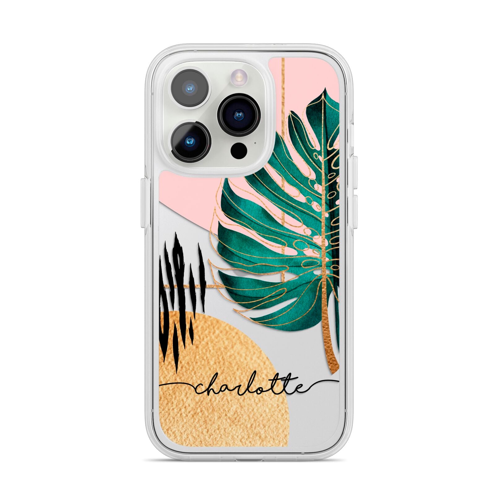 Personalised Tropical Fan Leaf iPhone 14 Pro Clear Tough Case Silver