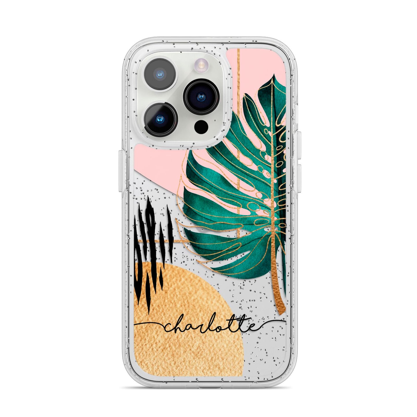 Personalised Tropical Fan Leaf iPhone 14 Pro Glitter Tough Case Silver