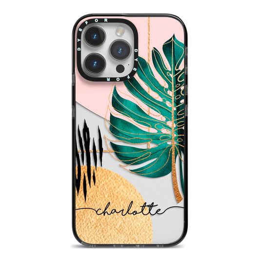 Personalised Tropical Fan Leaf iPhone 14 Pro Max Black Impact Case on Silver phone