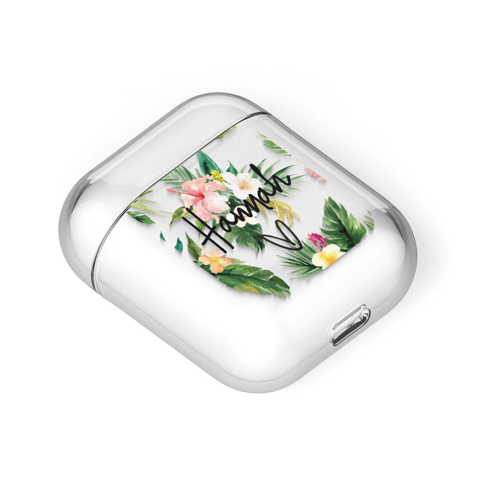 Personalised Tropical Floral Pink AirPods Case Laid Flat