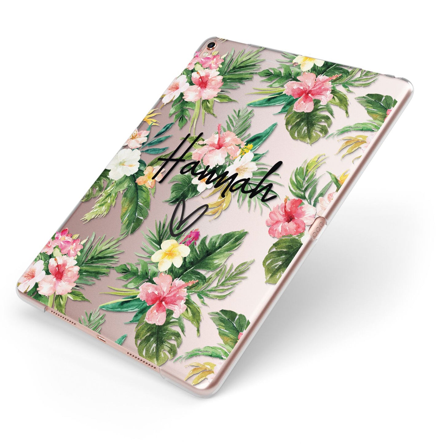 Personalised Tropical Floral Pink Apple iPad Case on Rose Gold iPad Side View