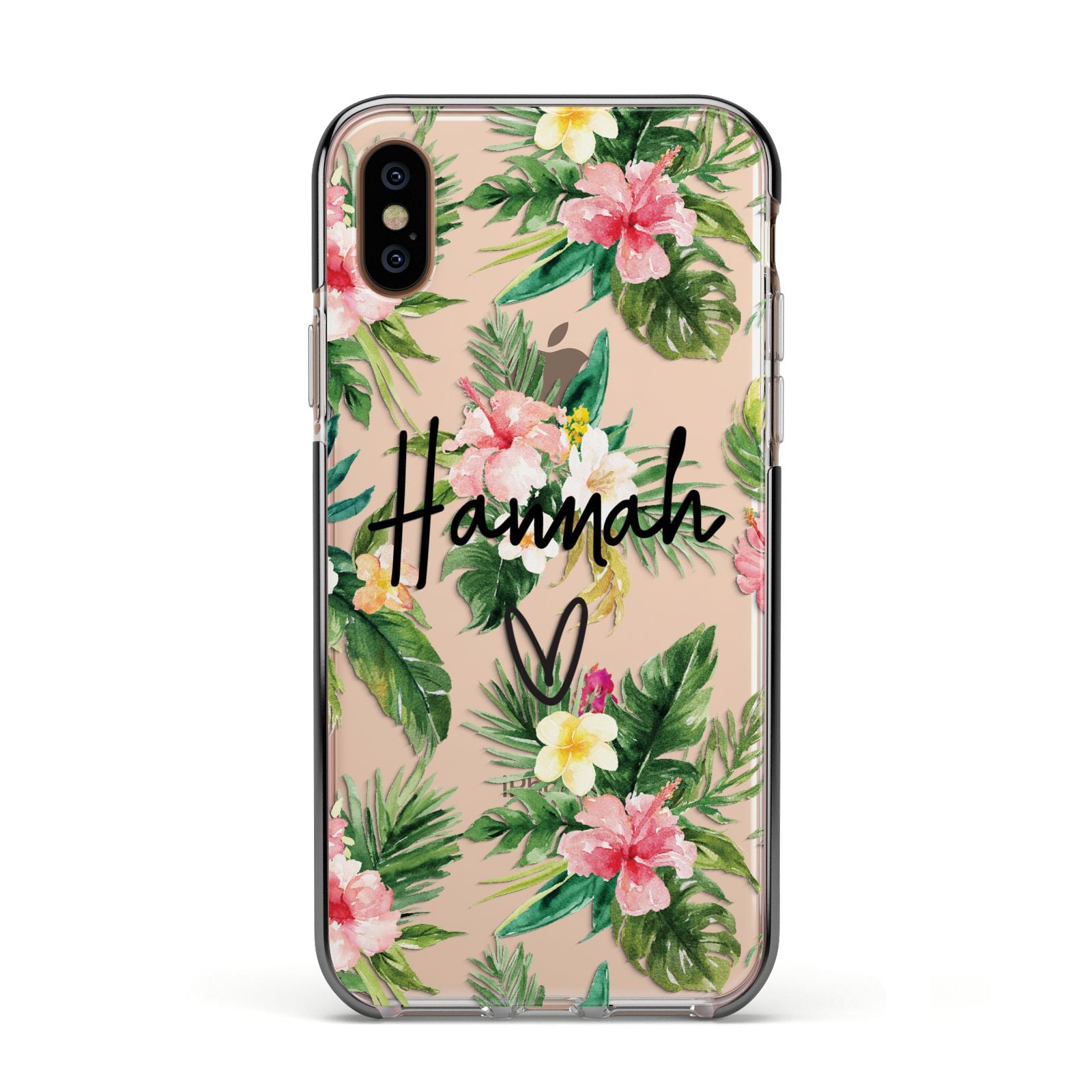 Personalised Tropical Floral Pink Apple iPhone Xs Impact Case Black Edge on Gold Phone