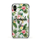 Personalised Tropical Floral Pink Apple iPhone Xs Impact Case Black Edge on Silver Phone