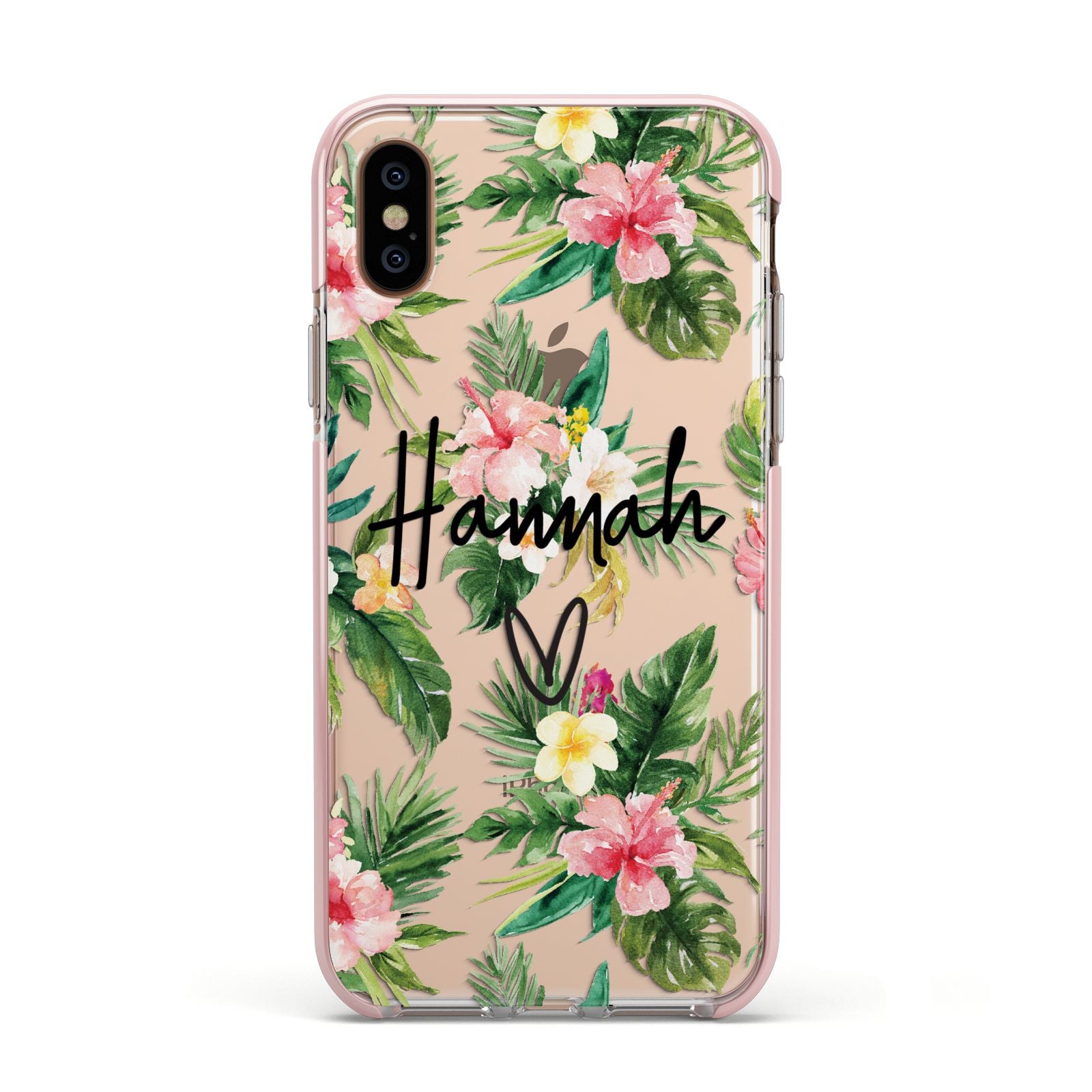 Personalised Tropical Floral Pink Apple iPhone Xs Impact Case Pink Edge on Gold Phone