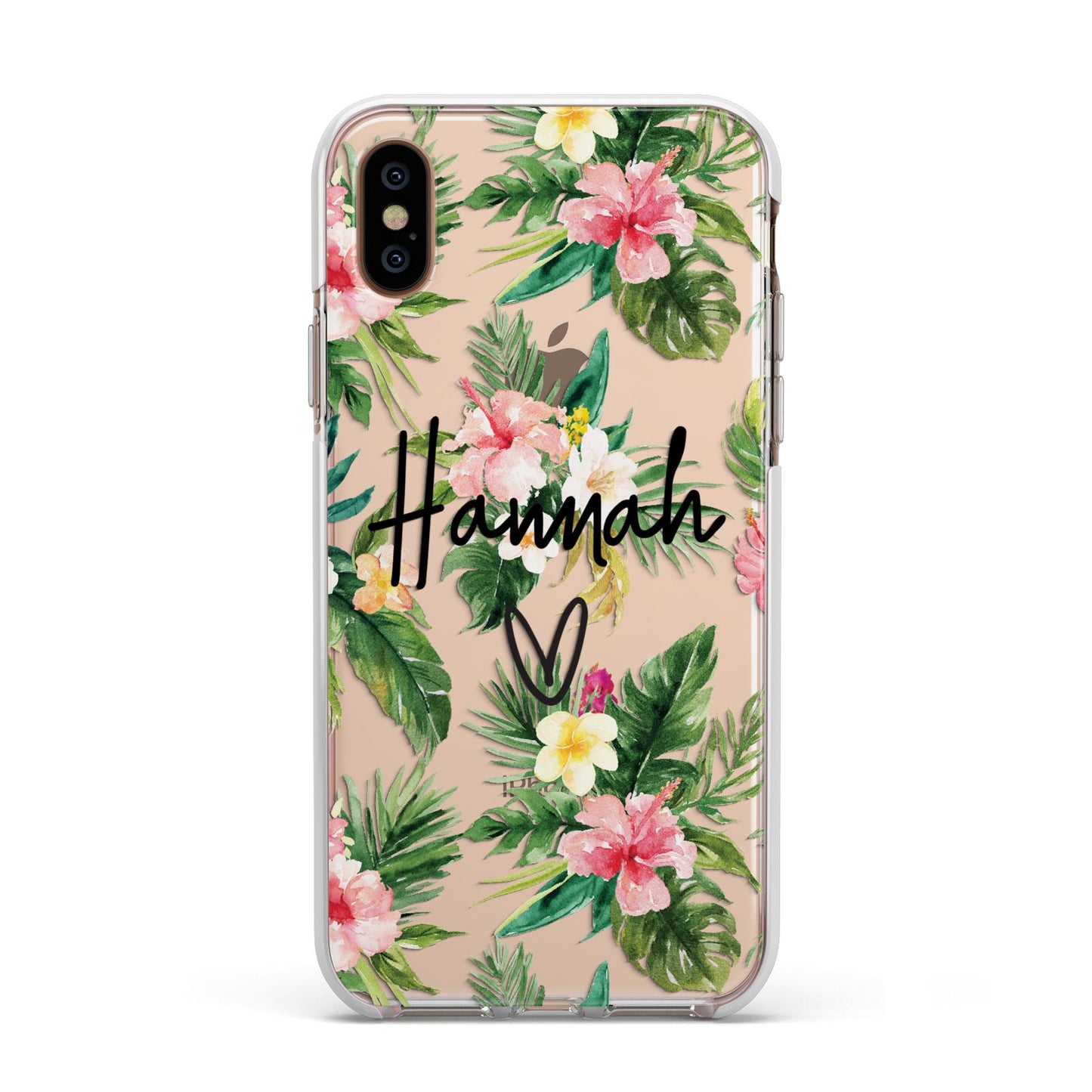 Personalised Tropical Floral Pink Apple iPhone Xs Impact Case White Edge on Gold Phone