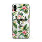 Personalised Tropical Floral Pink Apple iPhone Xs Impact Case White Edge on Silver Phone