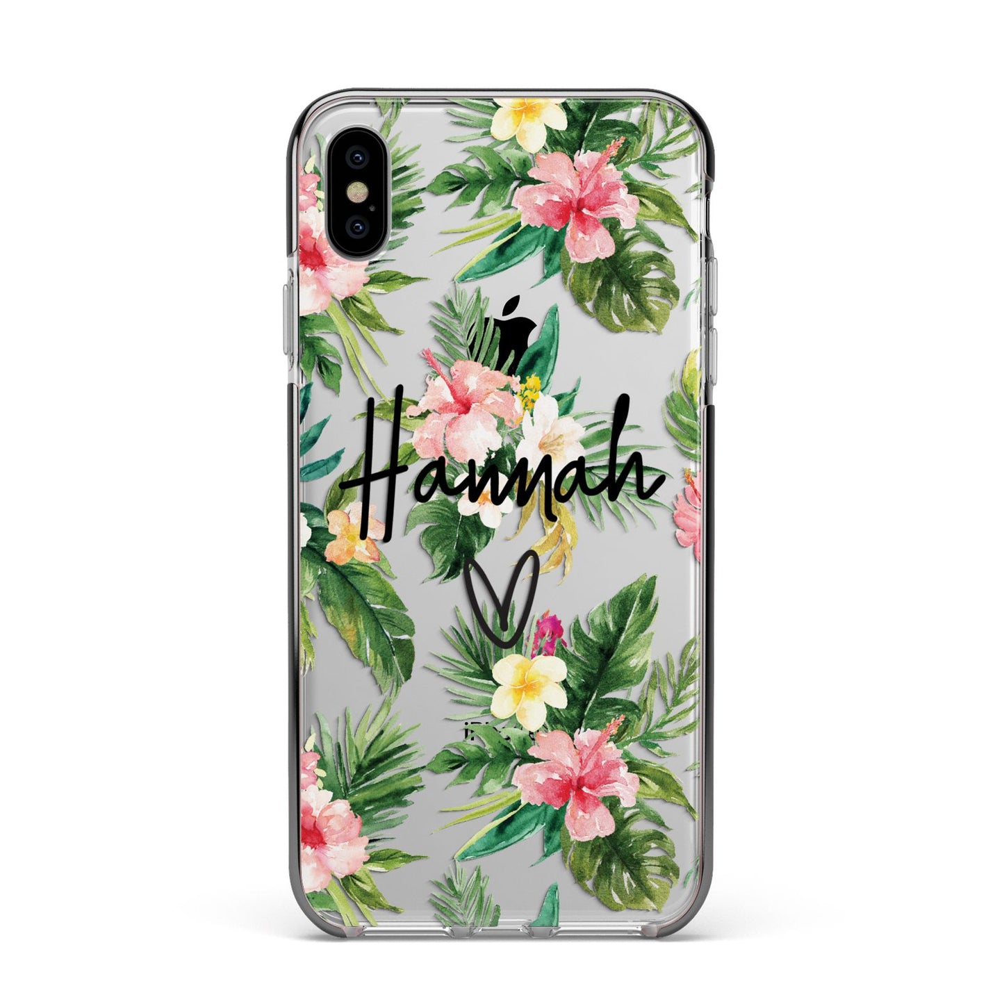 Personalised Tropical Floral Pink Apple iPhone Xs Max Impact Case Black Edge on Silver Phone