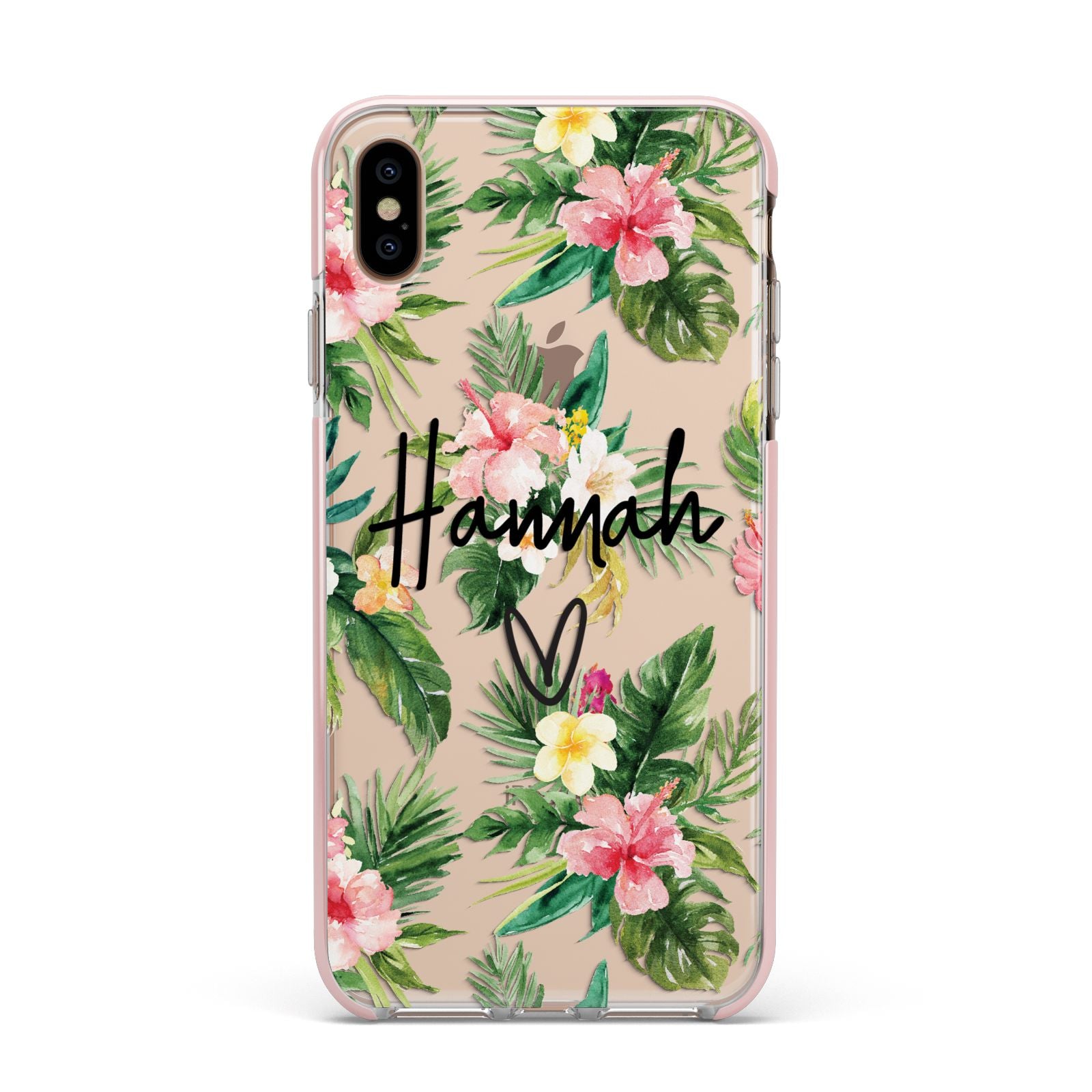 Personalised Tropical Floral Pink Apple iPhone Xs Max Impact Case Pink Edge on Gold Phone