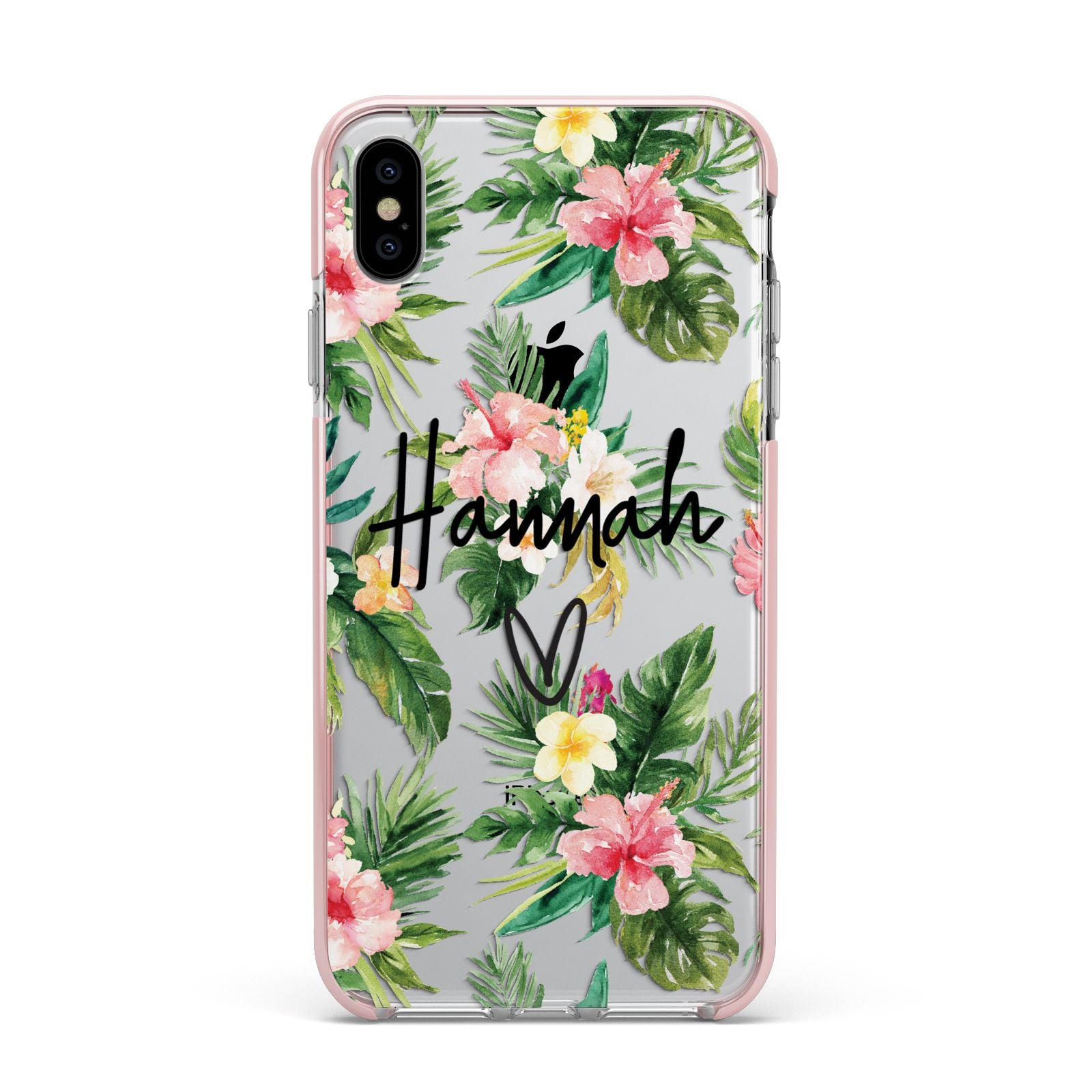 Personalised Tropical Floral Pink Apple iPhone Xs Max Impact Case Pink Edge on Silver Phone