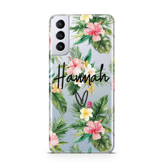 Personalised Tropical Floral Pink Samsung S21 Plus Phone Case