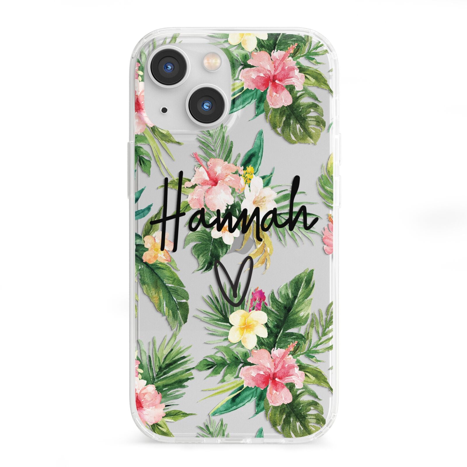 Personalised Tropical Floral Pink iPhone 13 Mini Clear Bumper Case