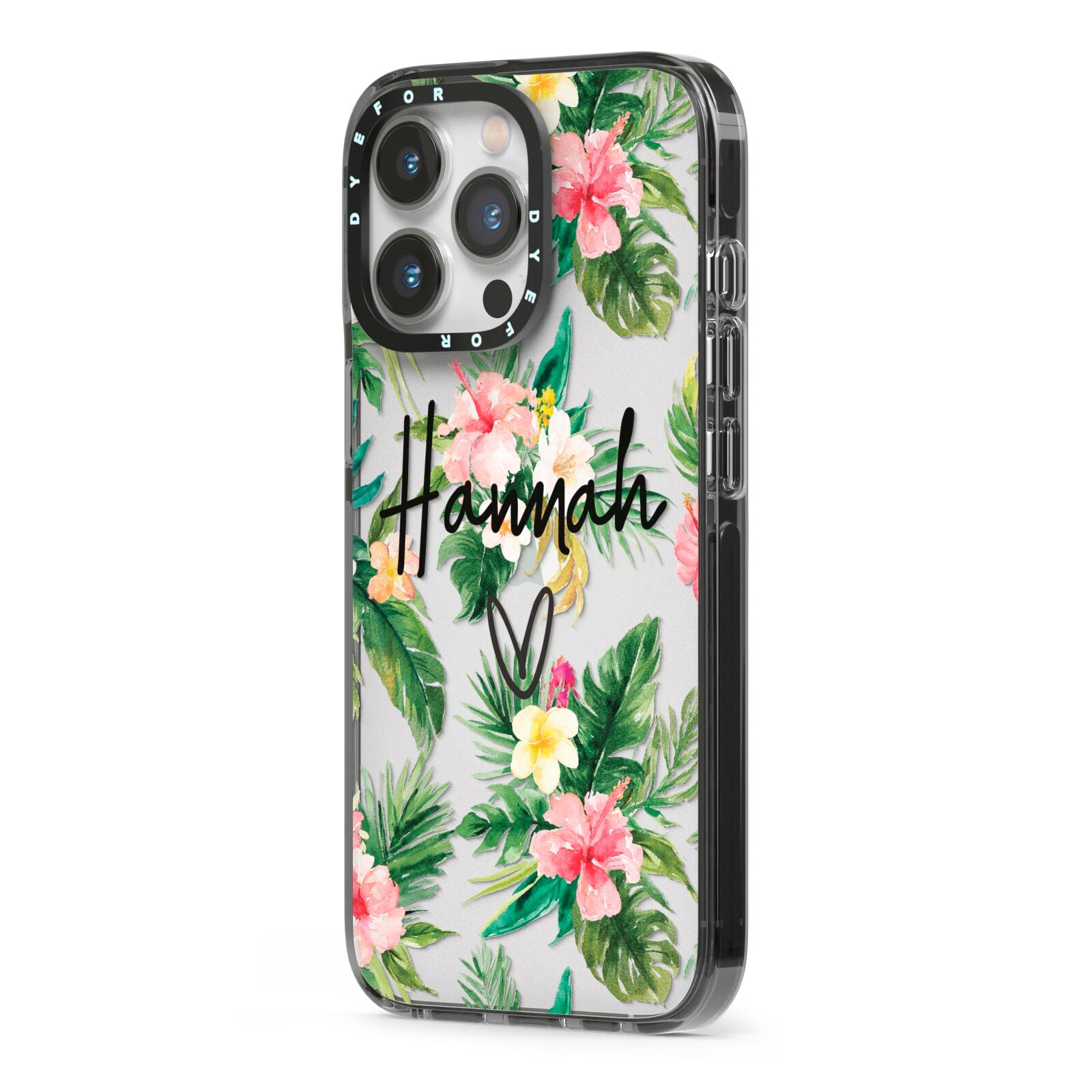 Personalised Tropical Floral Pink iPhone 13 Pro Black Impact Case Side Angle on Silver phone