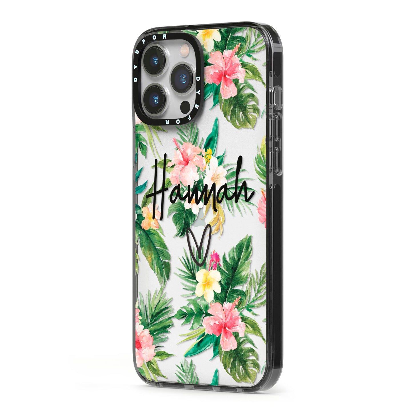 Personalised Tropical Floral Pink iPhone 13 Pro Max Black Impact Case Side Angle on Silver phone